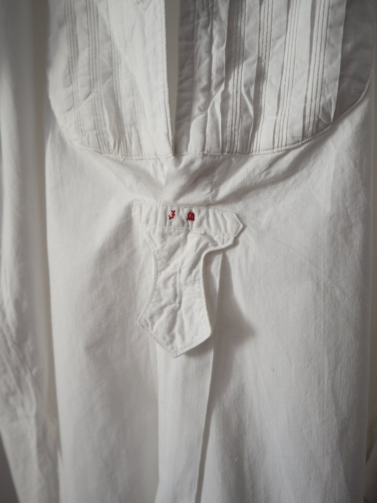 Antique French White Cotton Dress Shirt Long Pleated Bob Monigram JM