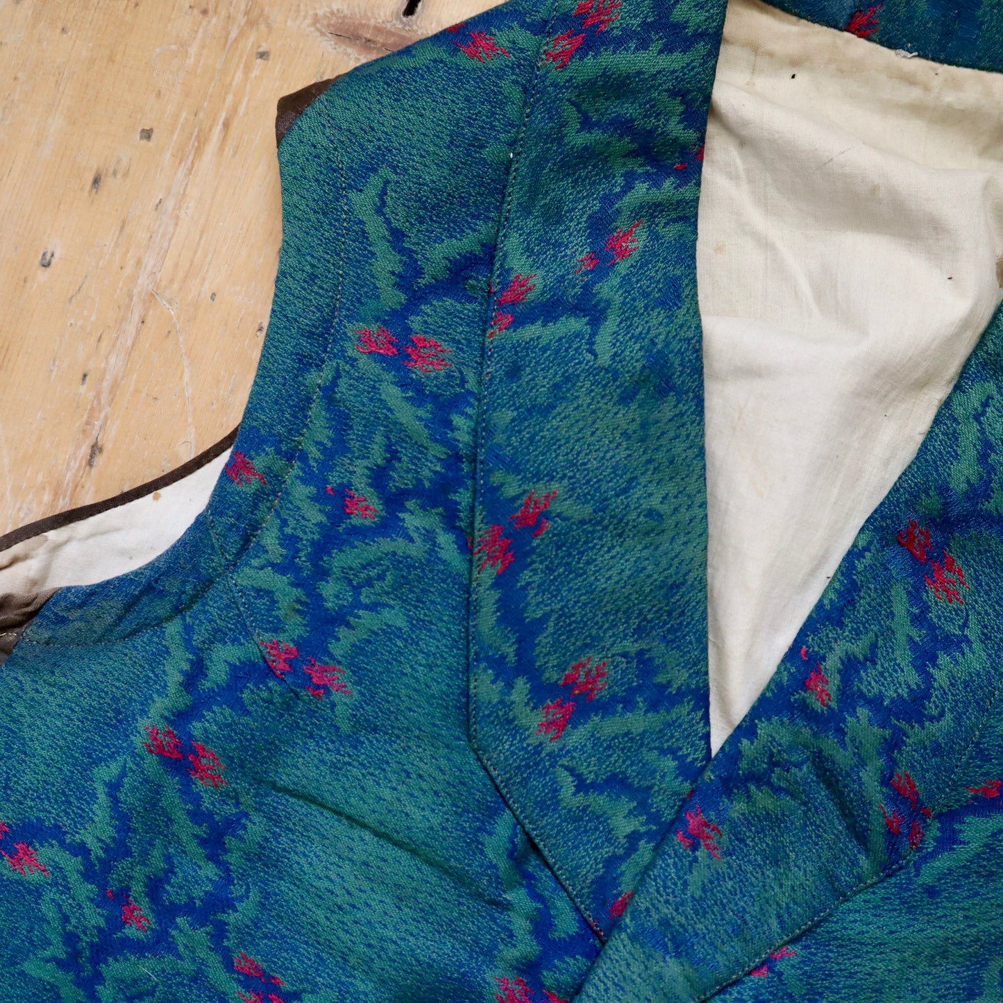 Antique French Silk Vest Waistcoat Green Blue Pink Early 1900s