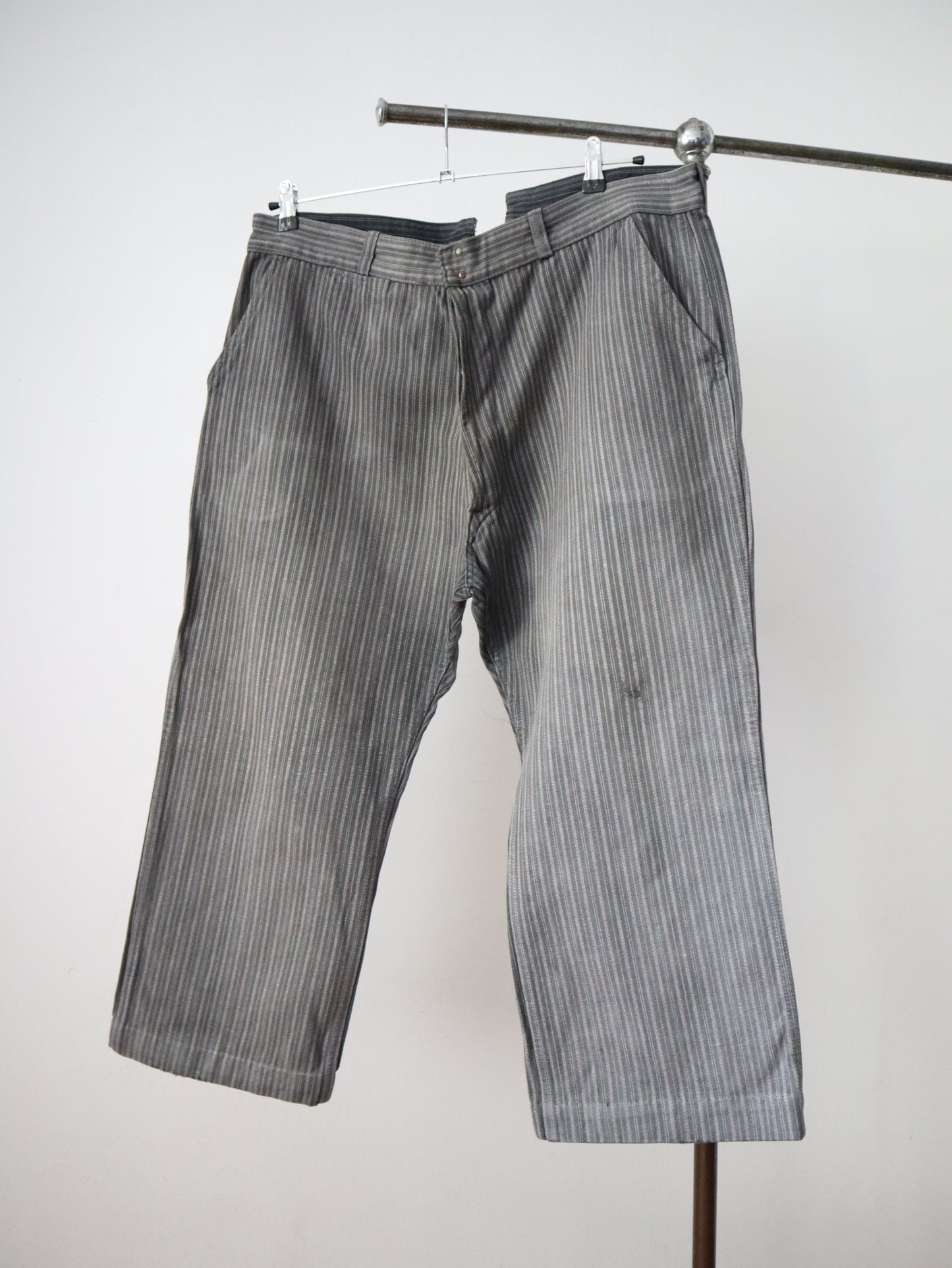 1950s French Grey Salt Pepper Stripe Cotton Chore Pants Workwear Trousers