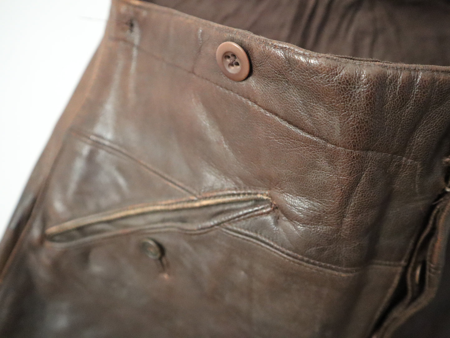 1920s - 30s French Brown Leather Breeches Pilot Trousers Pants High Waist Button Calves