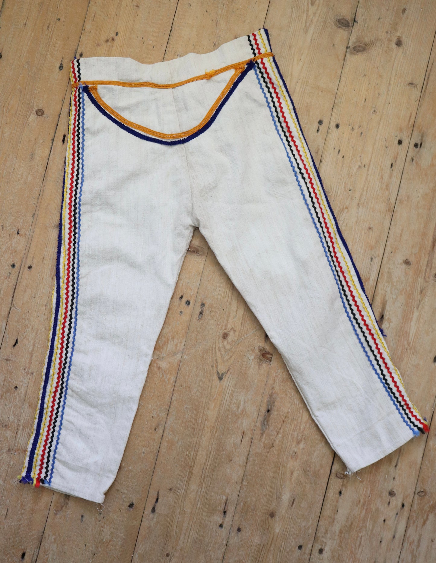 1930s Slovakian Linen Folk Pants Trousers Colourful Ribbon Trim Traditional Eastern European