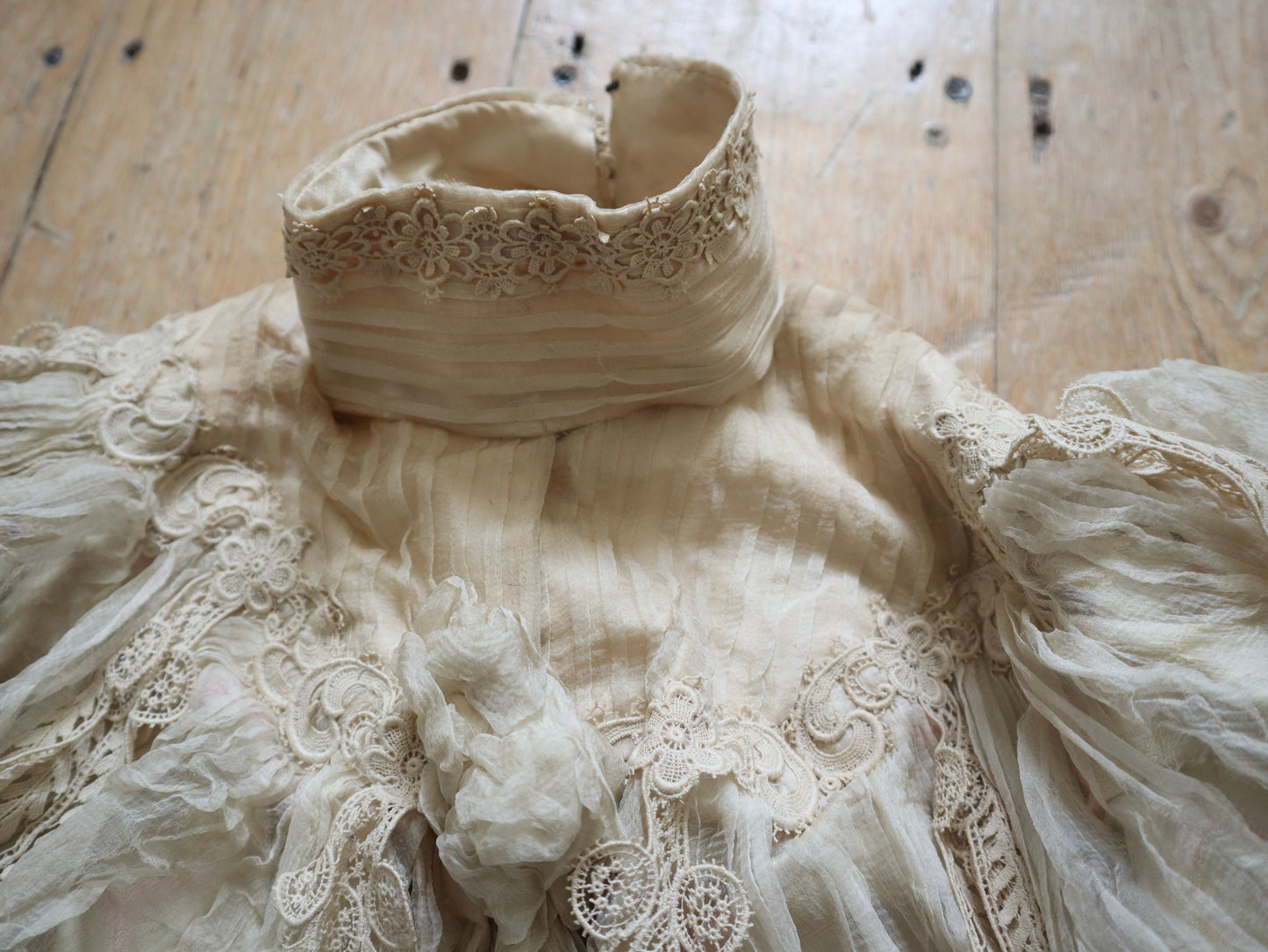 Antique French Silk Bodice Pink Cream Silk Lace Chiffon 1900 Boned