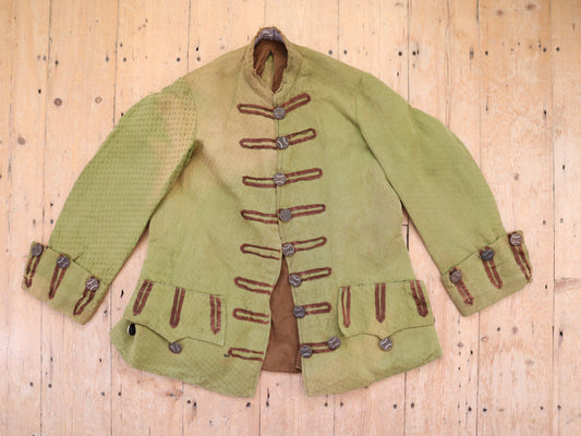 1920s French Opera Theatre Costume Jacket Green Metal Embossed Buttons 18th Century Style Frock Coat