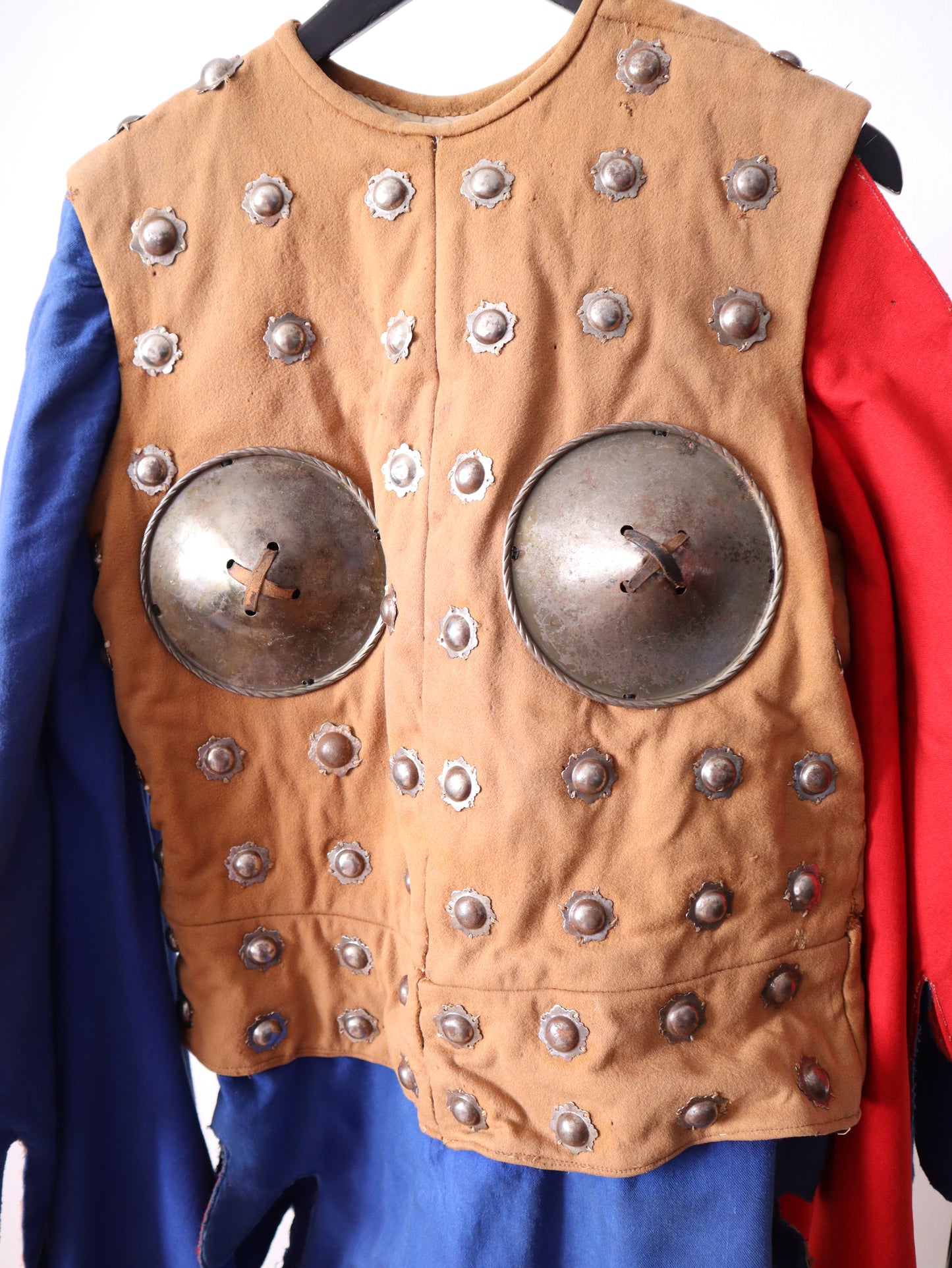 1920s French Opera Costume Female Warrior Woman Breast Plates Armour Metal Studs Blue Red Brown