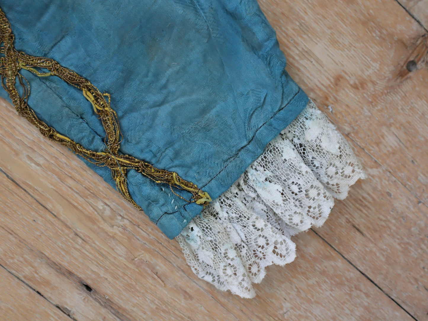 Antique French 19th Century Woven Cotton Blue Renaissance Style Breeches Trousers Pants Gold Metal Ribbon Lace Trim Theatre Opera Costume