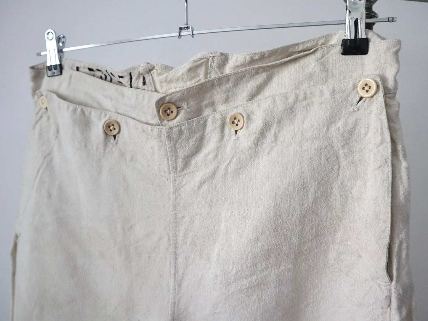 1920s French Linen Sailor Pants Trousers High Waist Bone Buttons Patina Paint