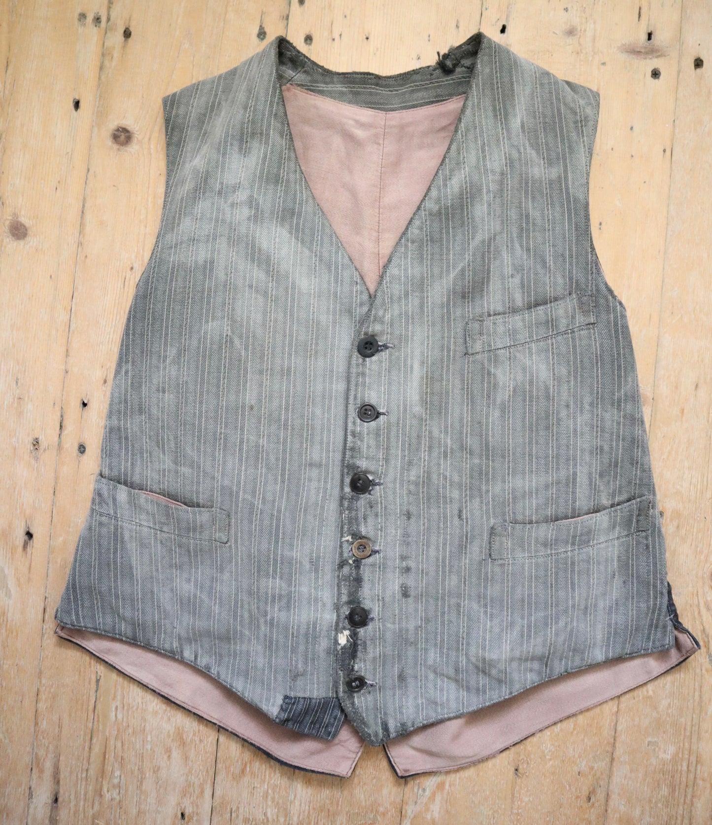 1940s French Le Mont St Michel Grey Stripe Workwear Vest Waistcoat Chore Patched Repaired