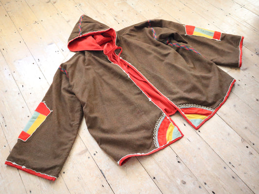 1920s 30s Hooded Coat FrenchTheatre Costume Brown Wool Appliqué Colourful Panels