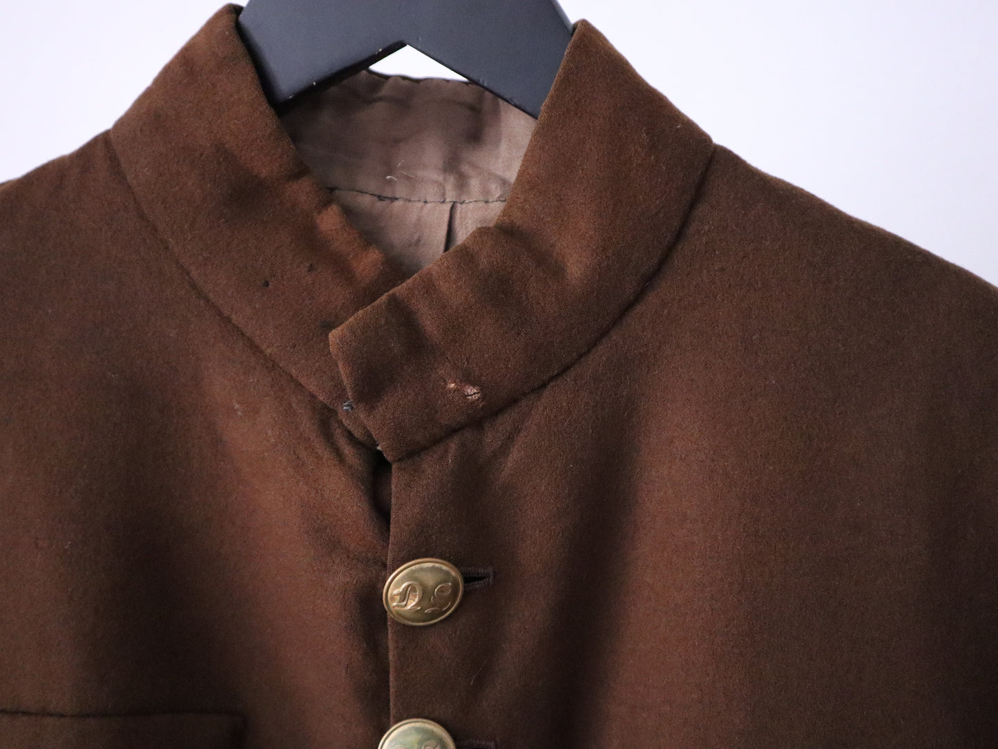 1910s French Theatre Costume Jacket Brown Wool Brass Embossed Buttons Military Style