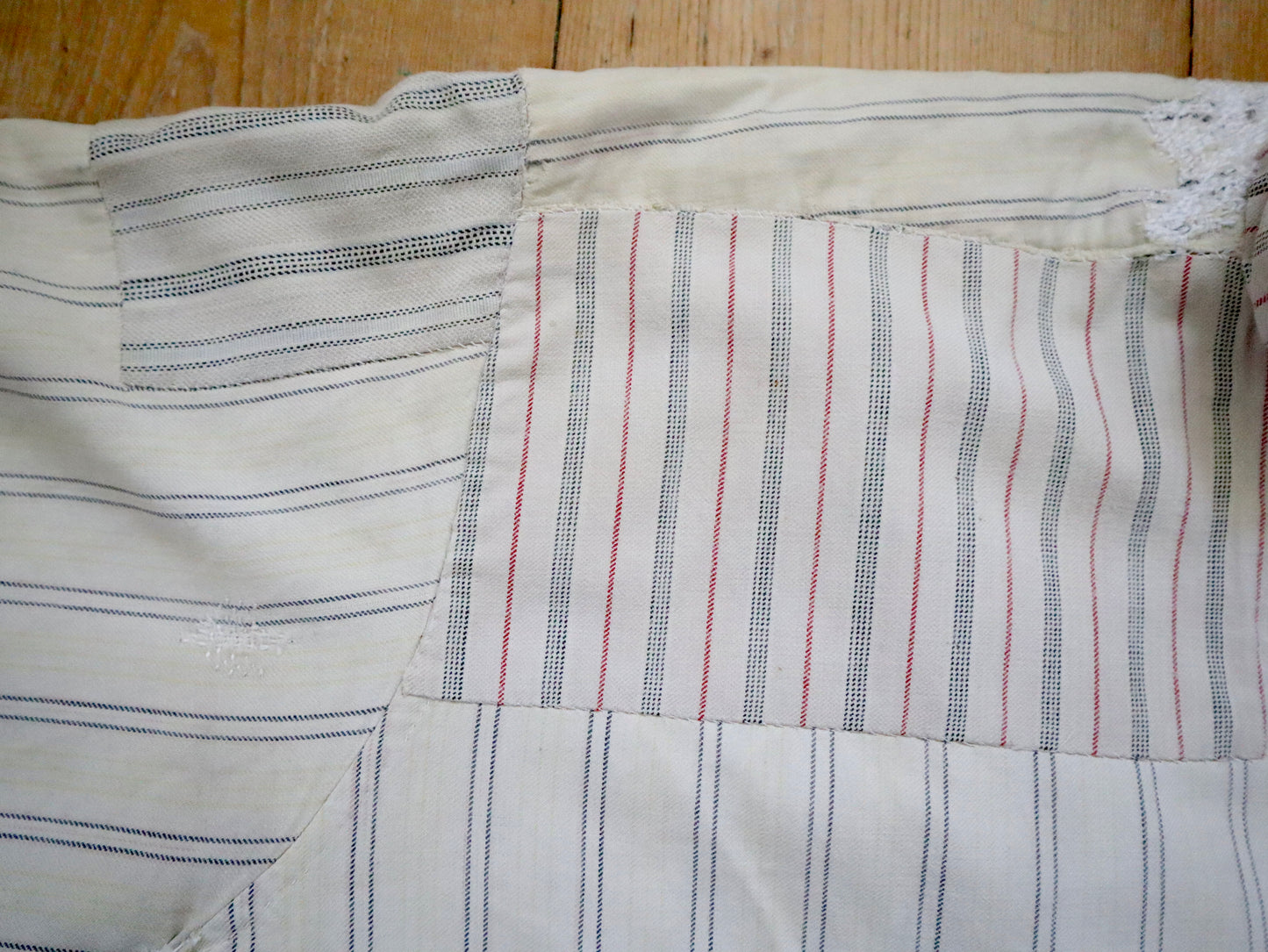 1930s French Workwear Shirt Patched Repaired Stripes Striped