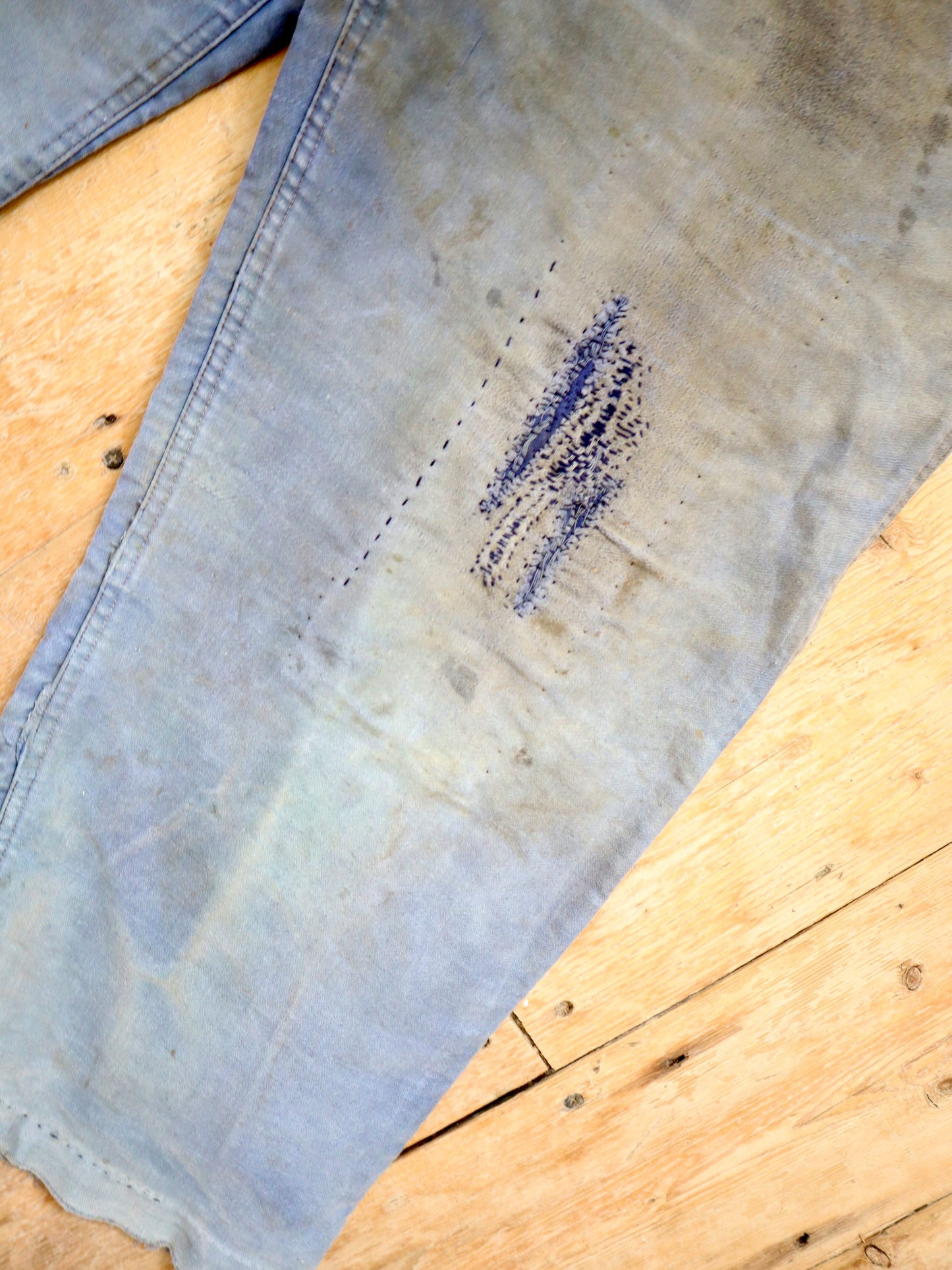 1940s - 50s French Le Salvetal Blue Moleskin Workwear Trousers Pants Repairs Darned High Waist