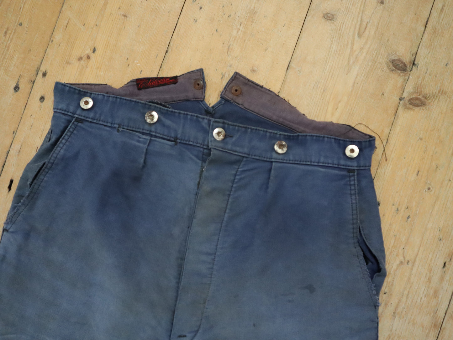 1940s French Blue Moleskin Workwear Trousers Pants High Waisted Buckle Back Cinch Chore Repairs