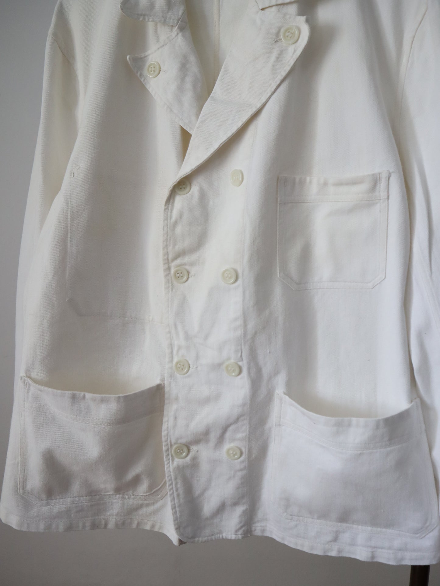 1940s 50s French Workwear Jacket Baker Double Breasted White Cotton Twill