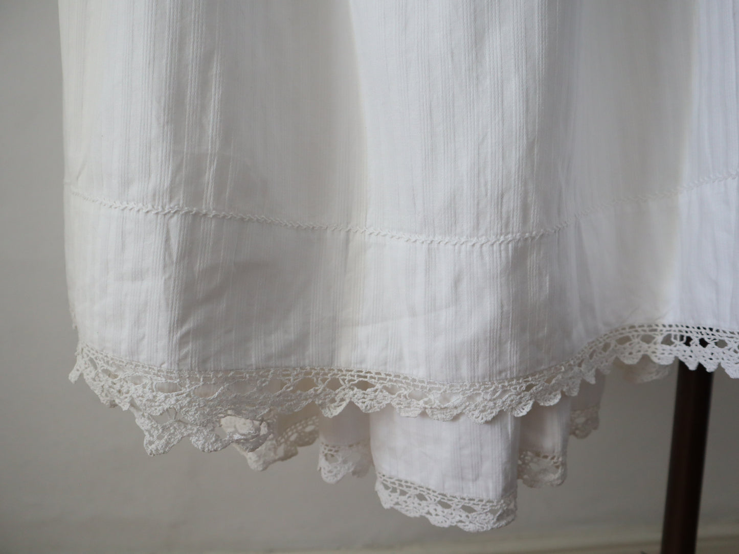 Antique French White Striped Cotton Skirt Petticoat Hem Drawstring Waist Crochet Lace Trim