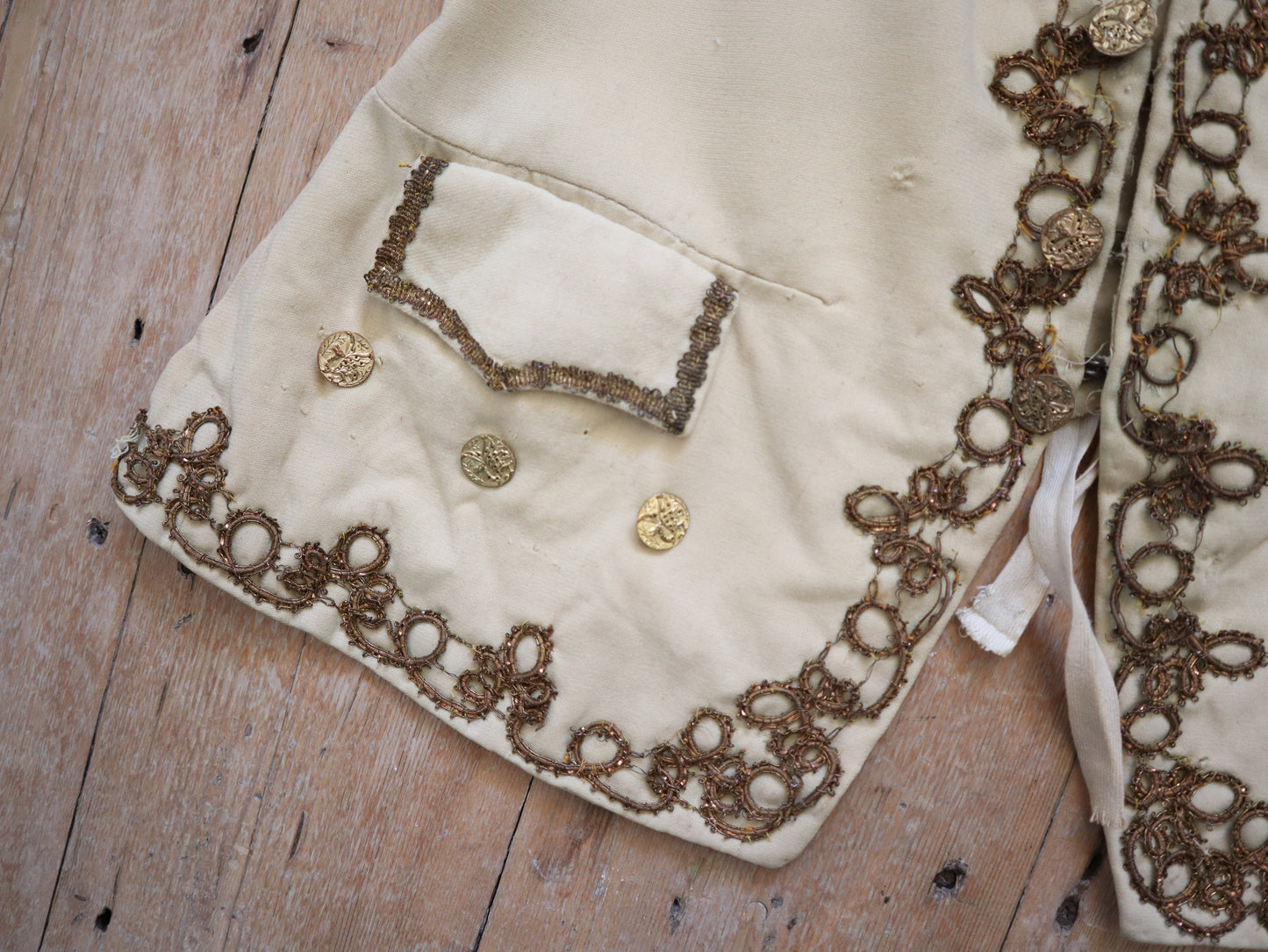 Antique French Opera Costume Vest Cream Wool Gold Metal Thread Brass Buttons 18th Century Style