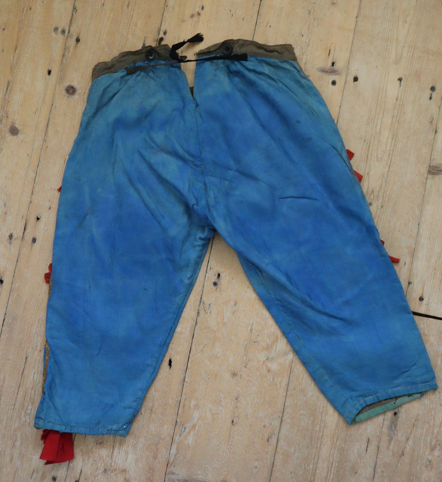 Antique French 19th Century Woven Cotton Blue Renaissance Style Breeches Trousers Pants Red Bows Gold Metal Ribbon Lace Trim Theatre Opera Costume Child’s