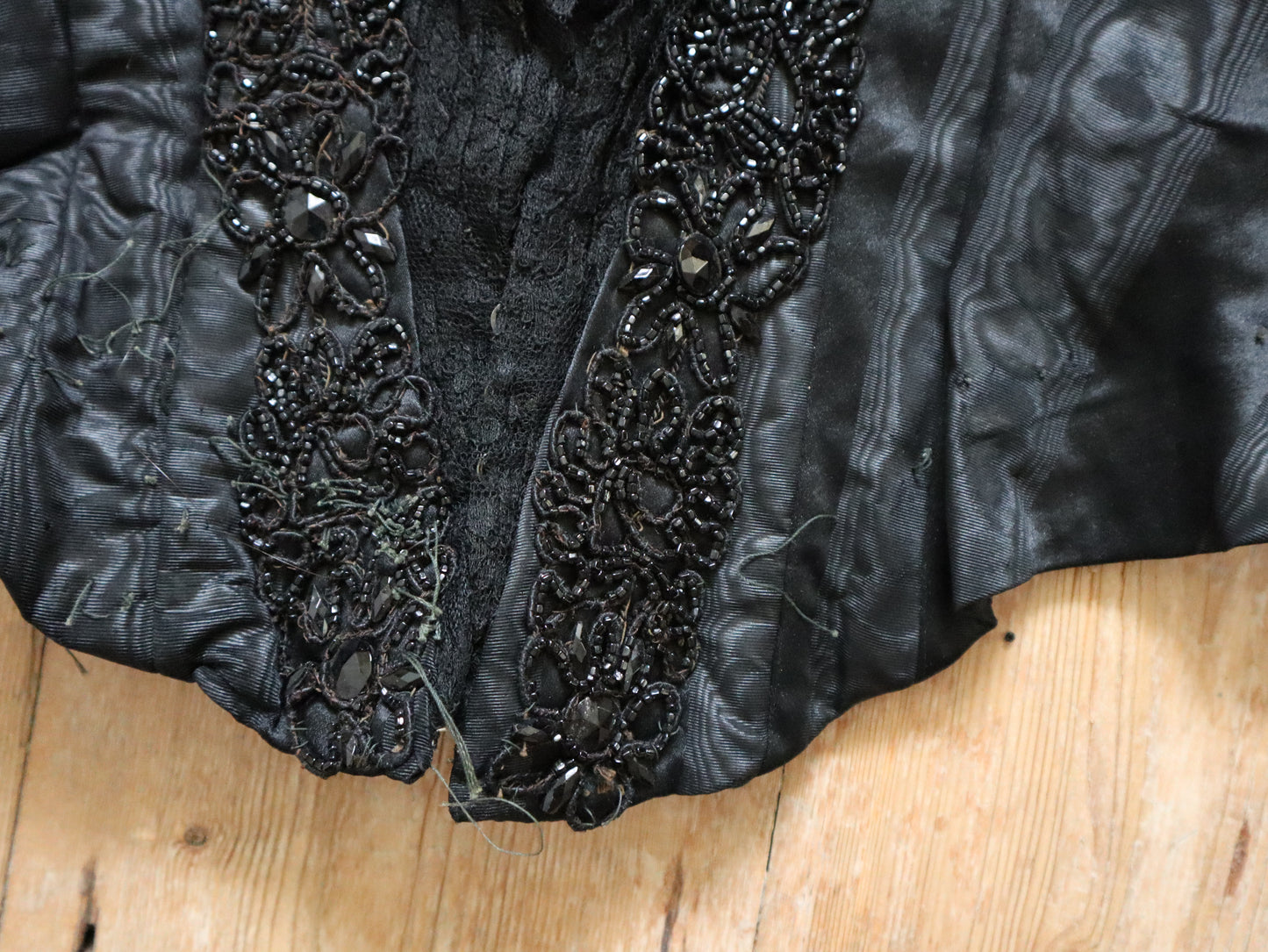 Antique 19th Century French Black Moiré Silk Boned Bodice Lace