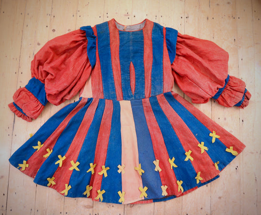 Antique French Theatre Costume Tunic Dress Renaissance Medieval Style Red Blue Stripes Yellow Bows Rare