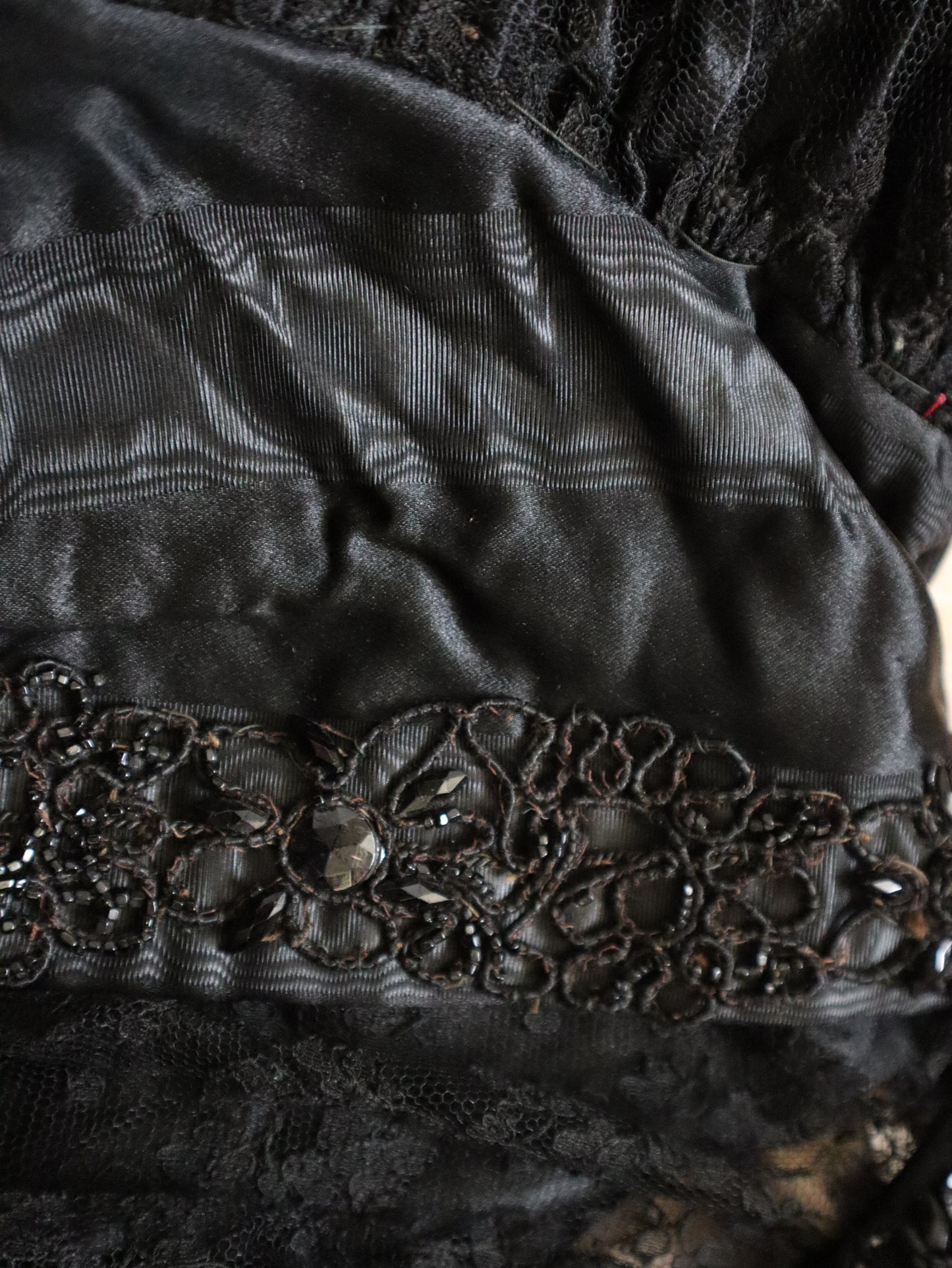 Antique 19th Century French Black Moiré Silk Boned Bodice Lace