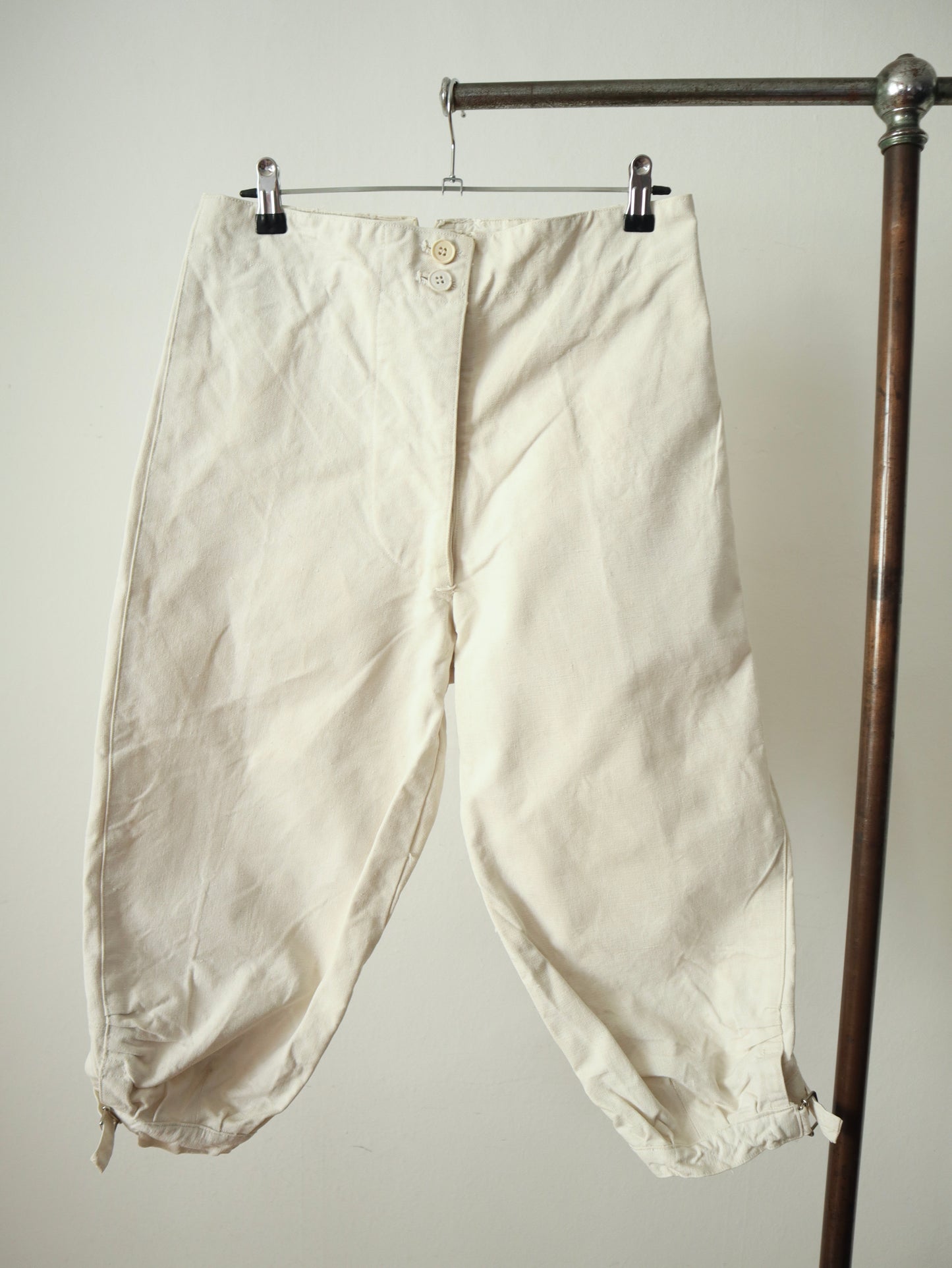 1920s French White Cotton Canvas Breeches Buckle Back Bone Buttons