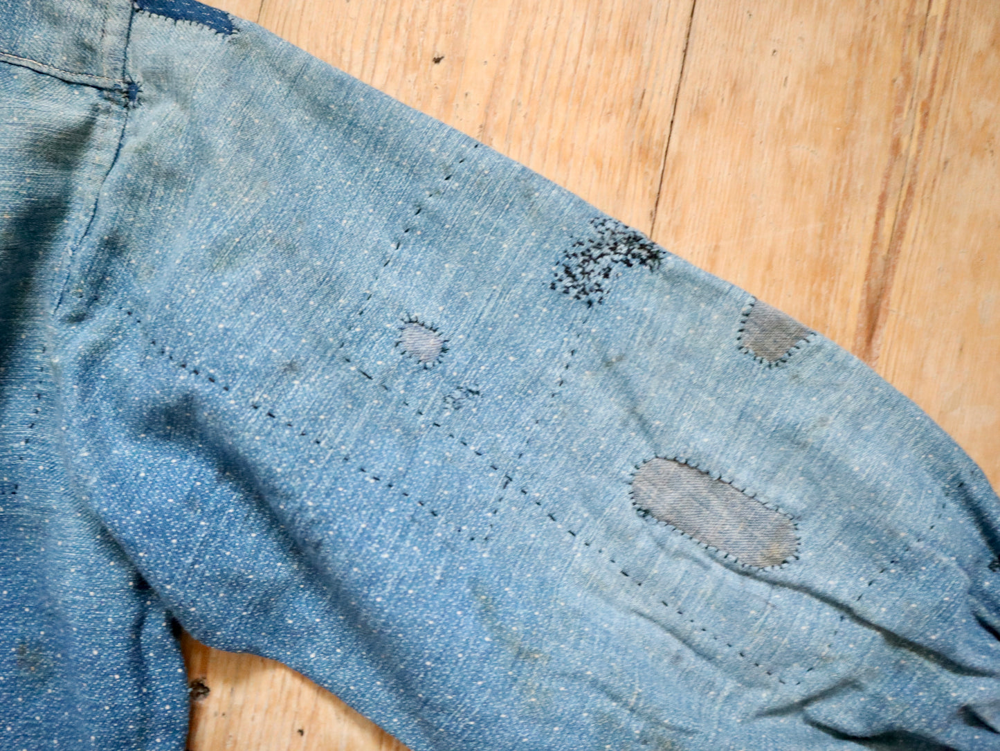 1920s French Blue Indigo Constellation Shirt Patched Repaired RARE Cotton Early Workwear Chore