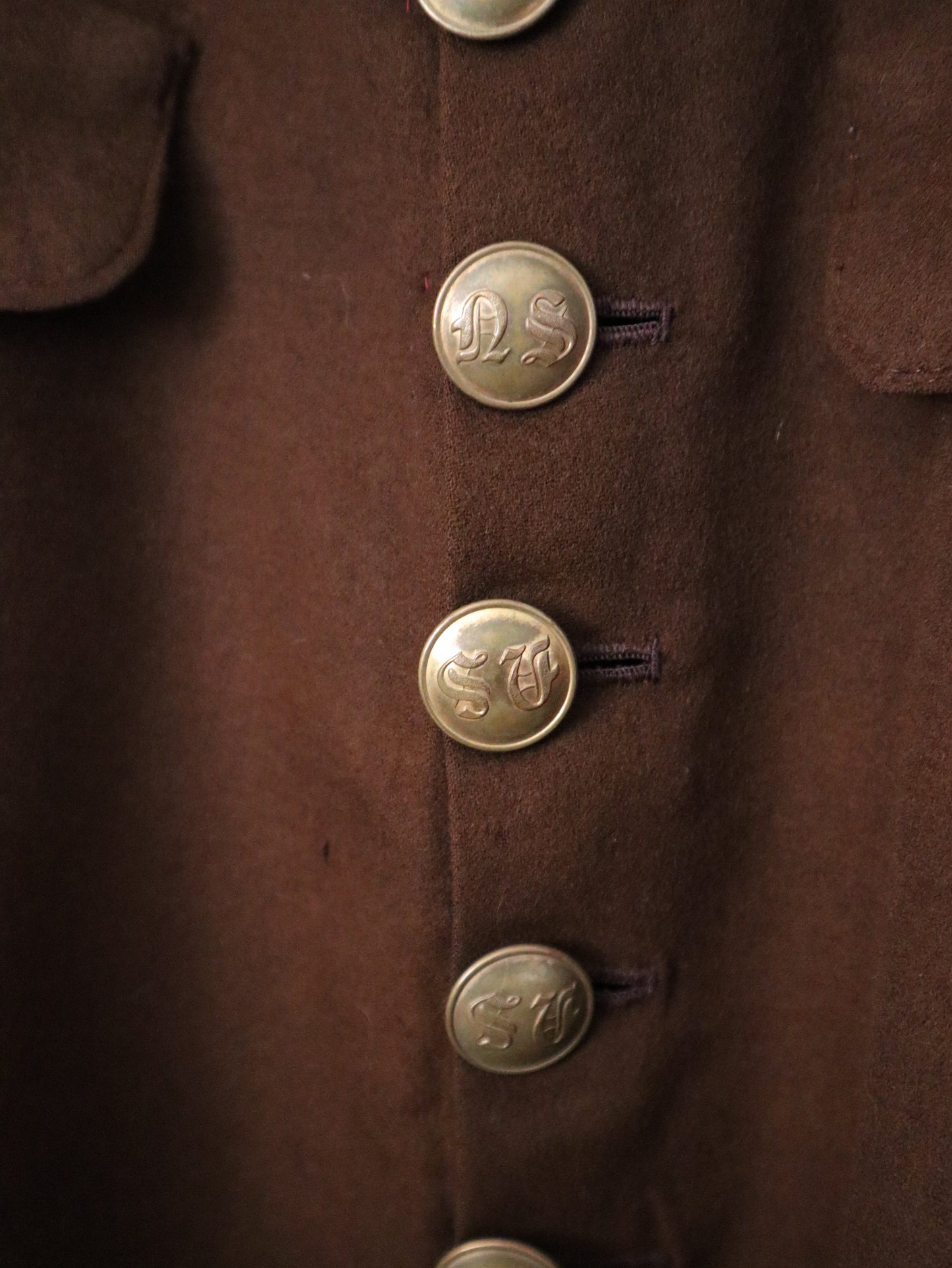 1910s French Theatre Costume Jacket Brown Wool Brass Embossed Buttons Military Style
