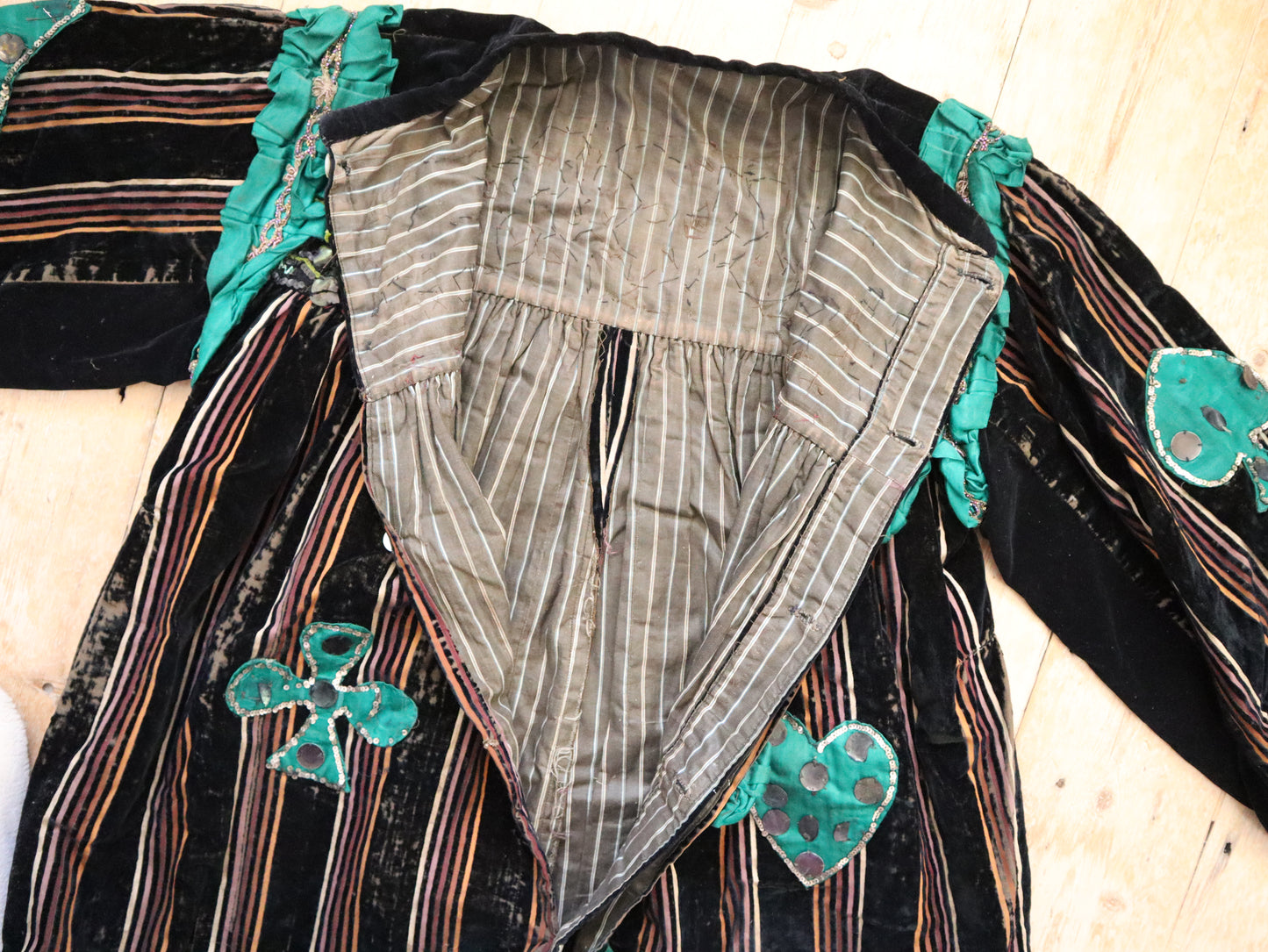 Antique 1910s 20s French Clown Costume Pierrot Brown Striped Silk Velvet Green Silk Appliqué Diamonds Clubs Hearts Spades Sequins Lace