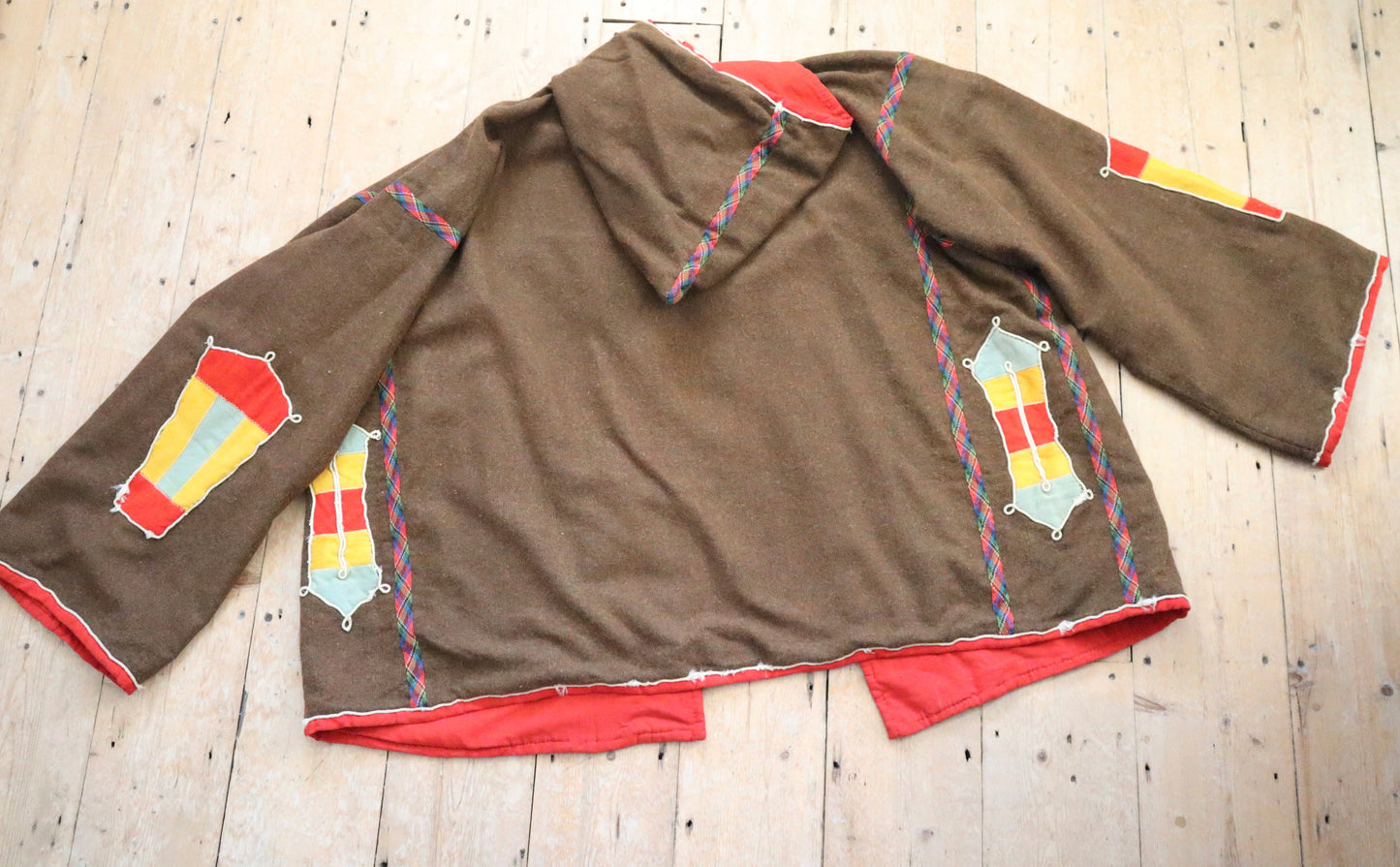 1920s 30s Hooded Coat FrenchTheatre Costume Brown Wool Appliqué Colourful Panels