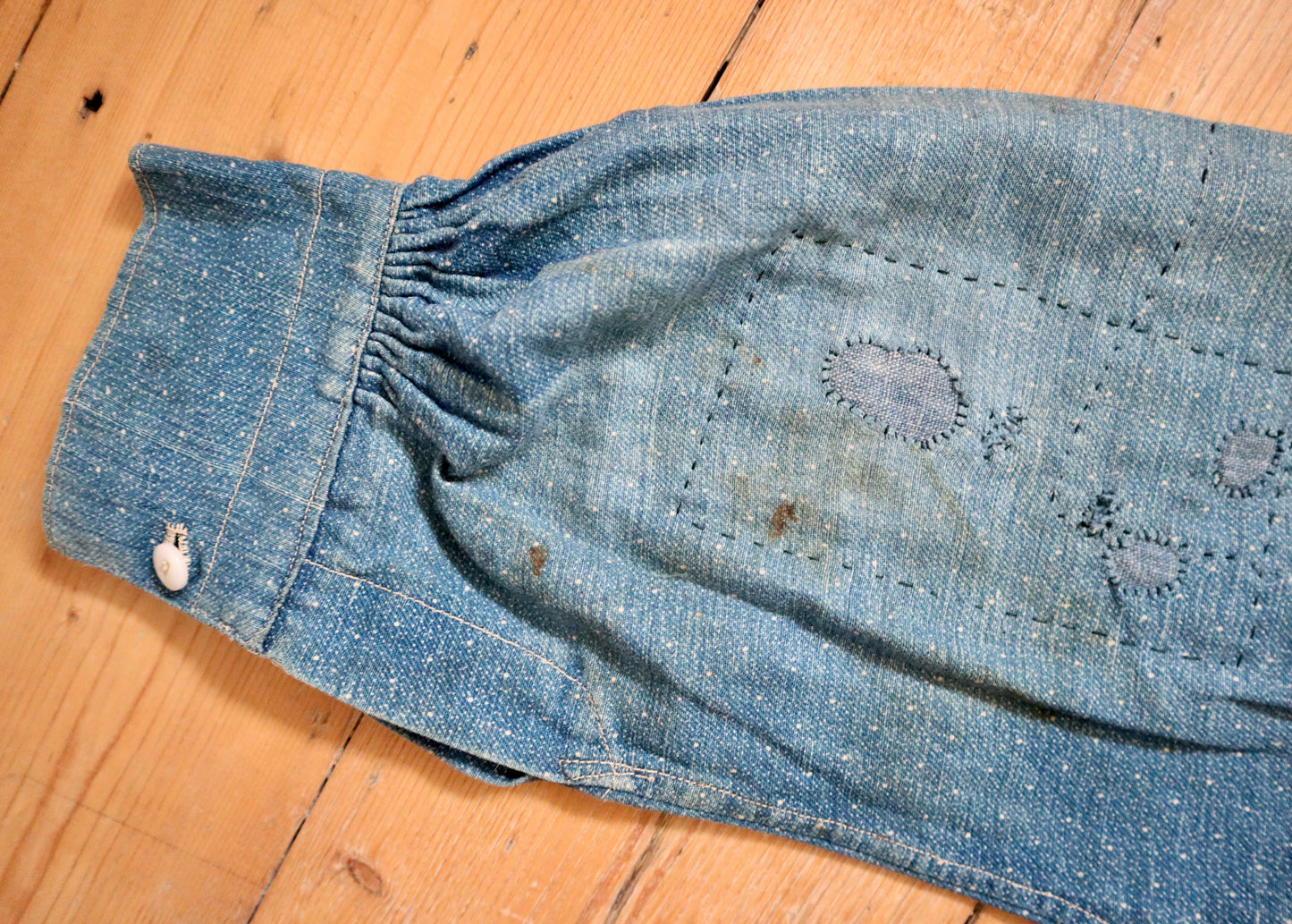 1920s French Blue Indigo Constellation Shirt Patched Repaired RARE Cotton Early Workwear Chore