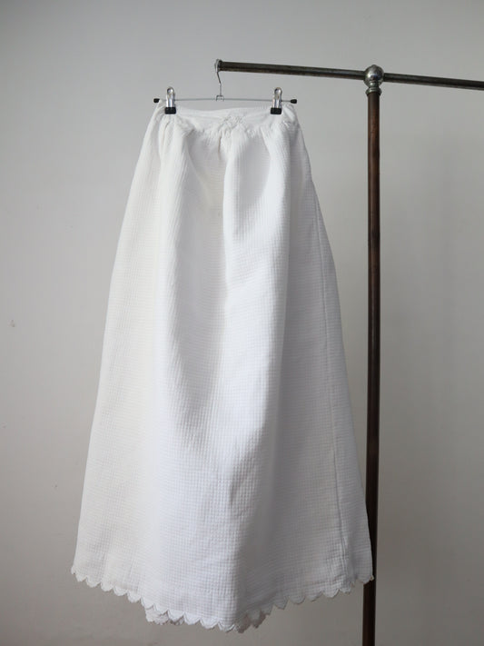 Antique French White Cotton Piqué Skirt Petticoat Scalloped Hem Drawstring Waist