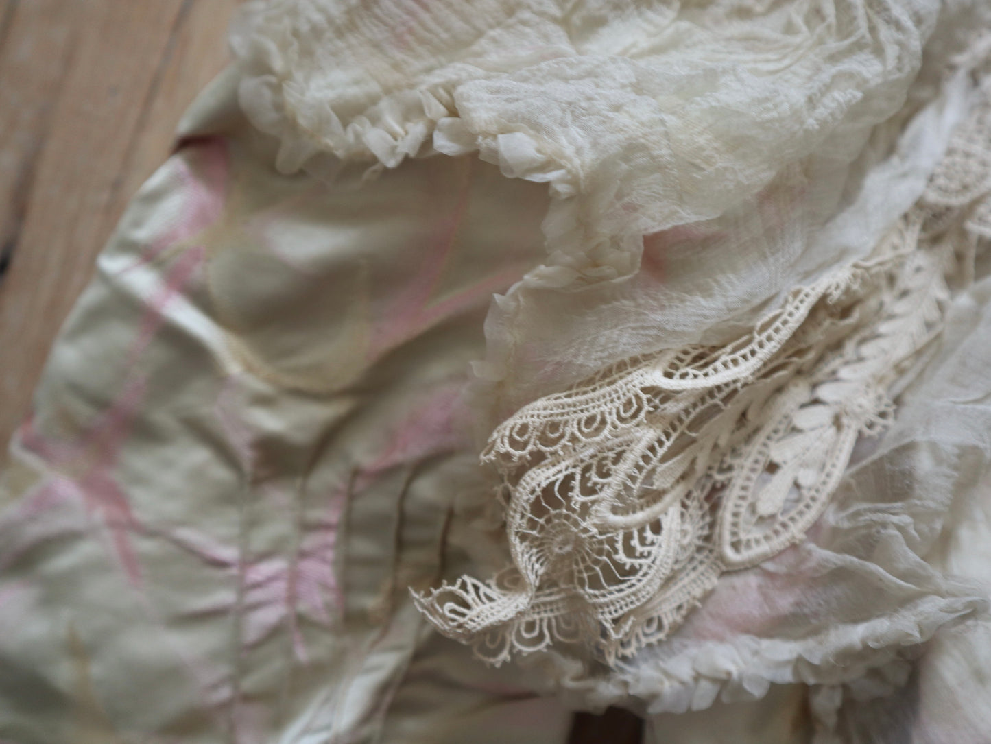 Antique French Silk Bodice Pink Cream Silk Lace Chiffon 1900 Boned