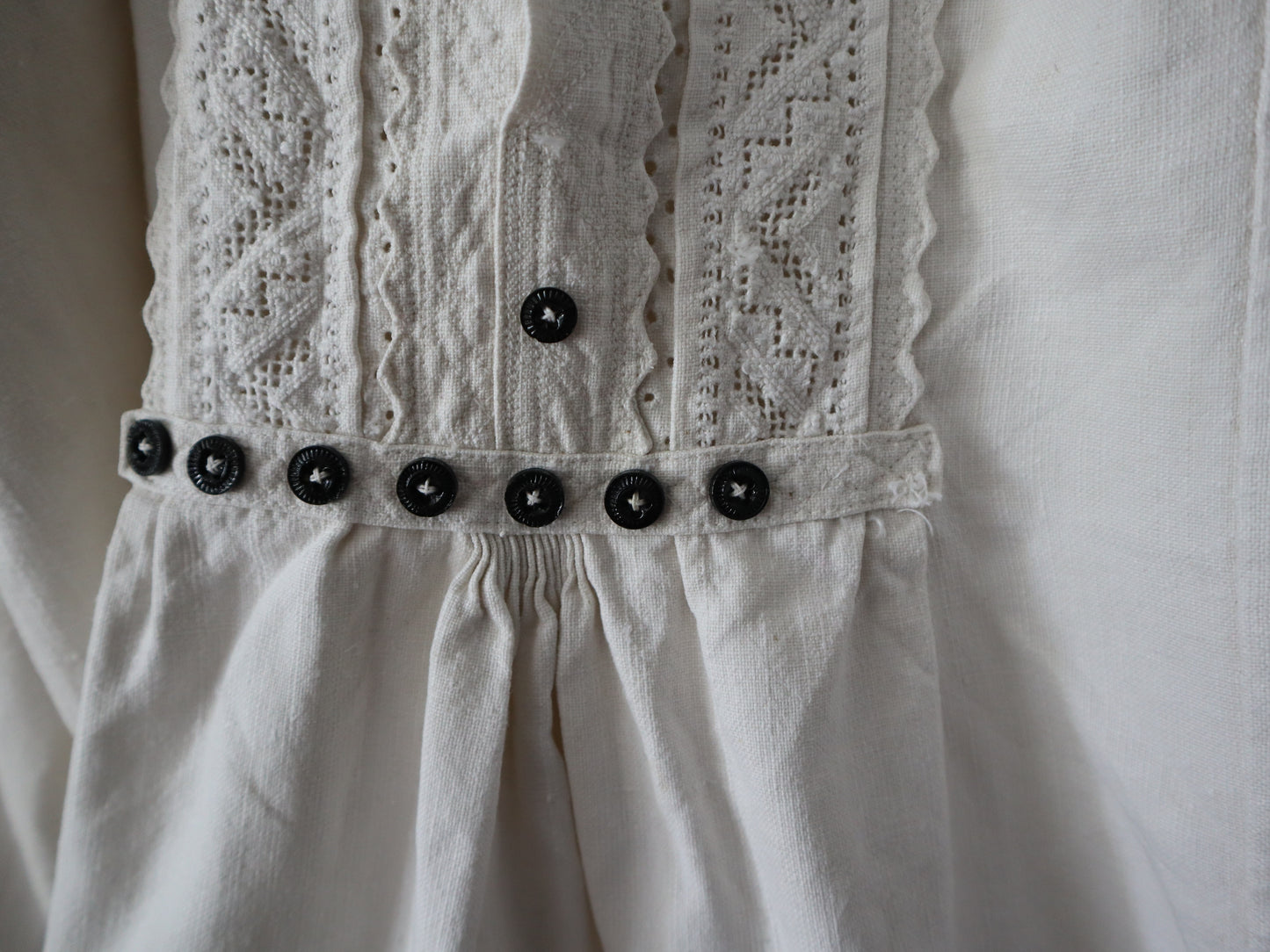 1930s Transylvanian Folk Blouse Shirt Black Glass Buttons Traditional Romanian Linen Eastern European