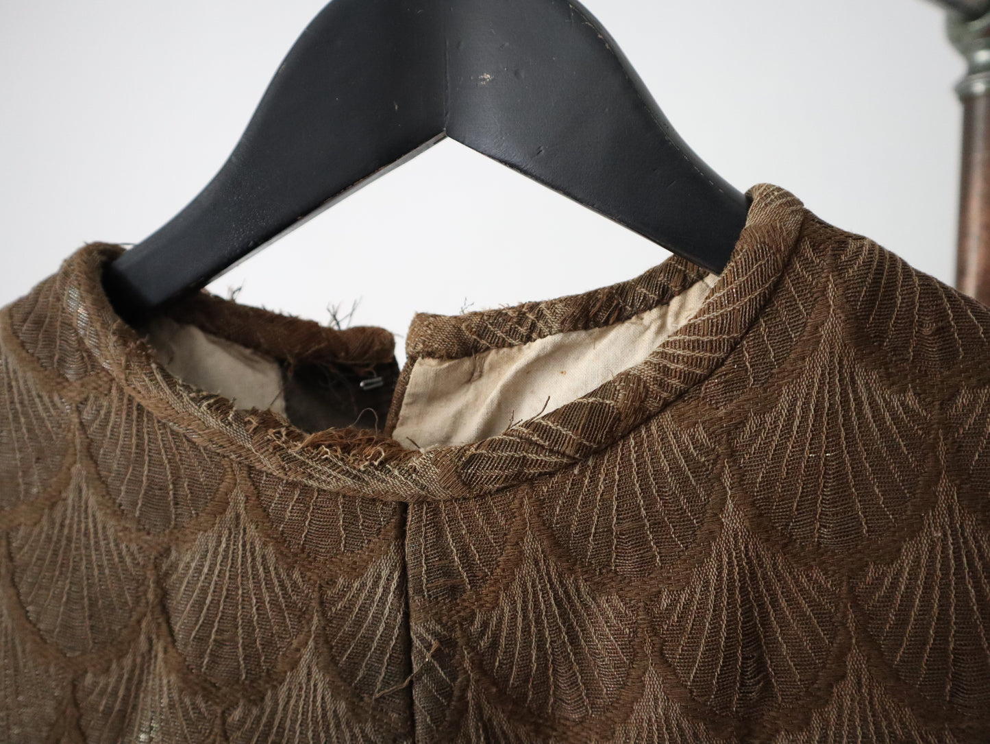 Early 1900s French Theatre Opera Costume Tunic Top Brown gold Metal Thread Scalloped Feathers Scales