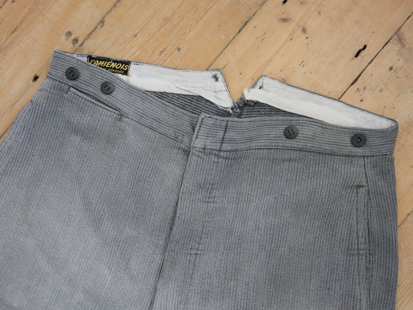 1940s 50s French Grey Workwear Trousers Pants Corduroy Darn Repairs L’Amienois