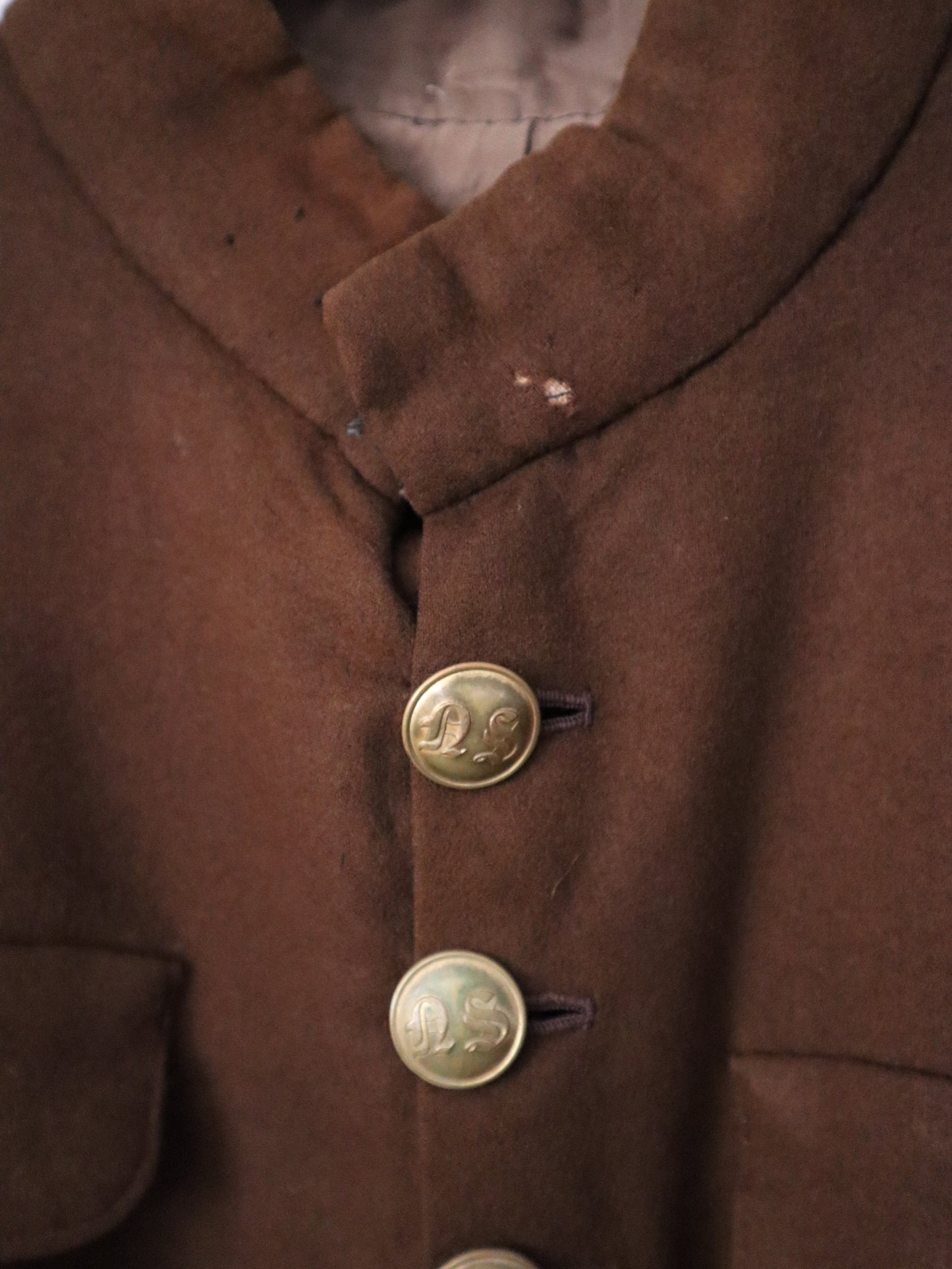 1910s French Theatre Costume Jacket Brown Wool Brass Embossed Buttons Military Style