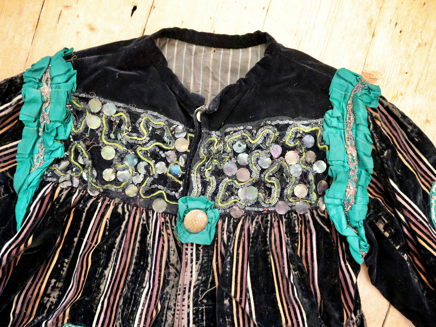 Antique 1910s 20s French Clown Costume Pierrot Brown Striped Silk Velvet Green Silk Appliqué Diamonds Clubs Hearts Spades Sequins Lace