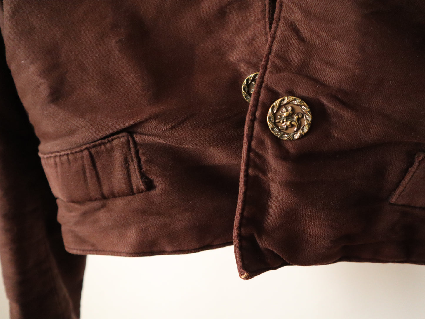 1920s French Brown Cotton Short Jacket Silver Metal Buttons Open Front Opera Theatre