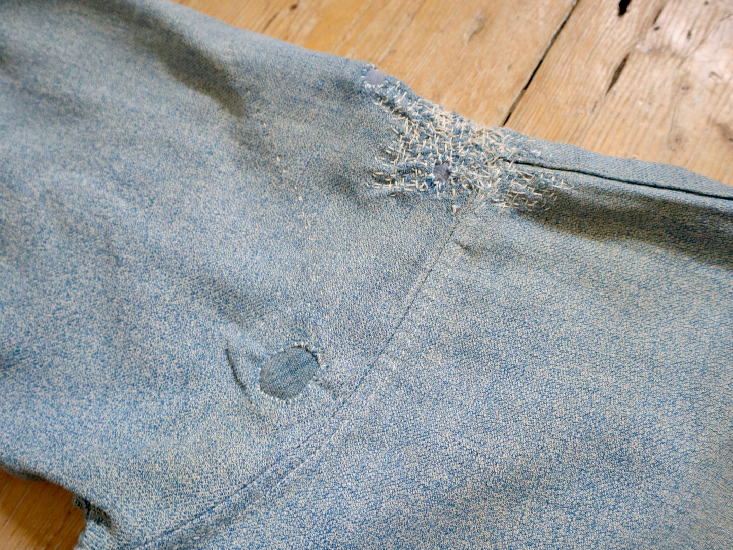 1930s - 40s French Blue Speckled Shirt Workwear Chore Darned Patched Repaired