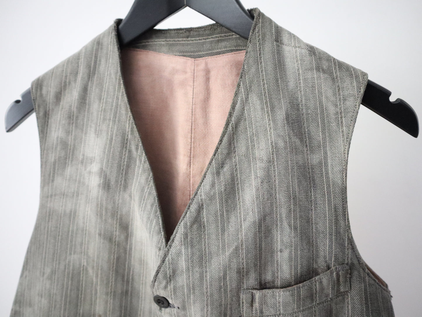 1940s French Le Mont St Michel Grey Stripe Workwear Vest Waistcoat Chore Patched Repaired