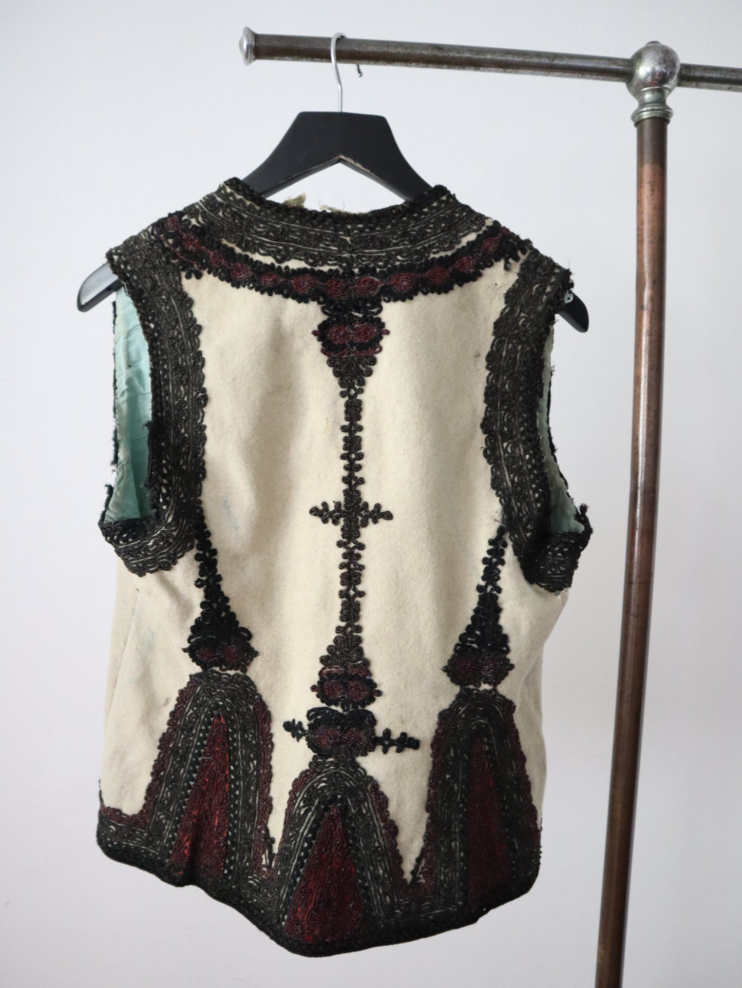 1920s 1930s Transylvanian folk waistcoat with black and burgundy soutache decoration