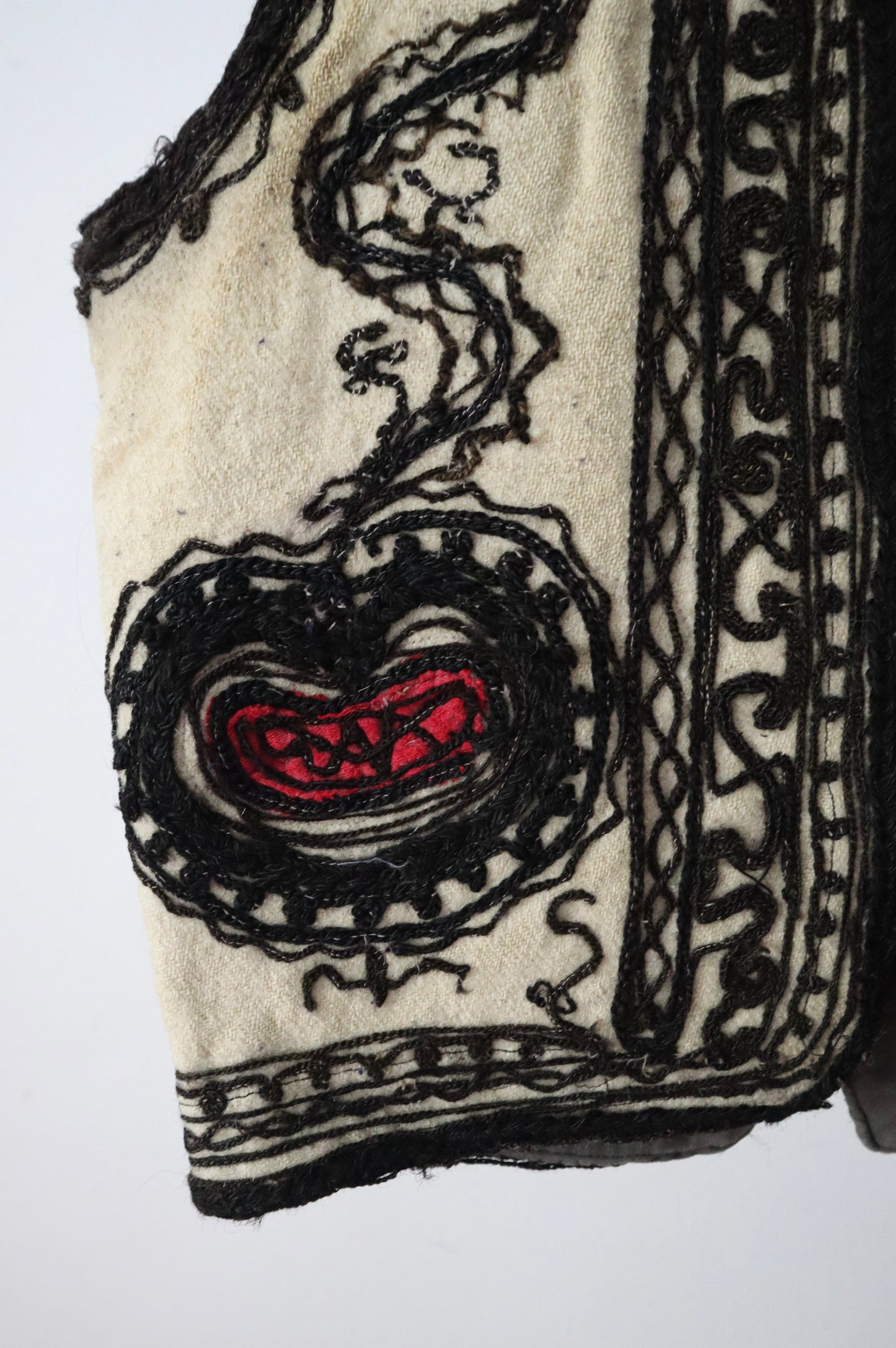 1920s 1930s Transylvanian wool folk waistcoat with black and red soutache decoration