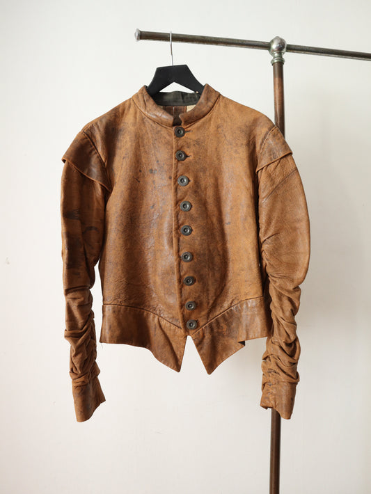 16th Century Style Leather Doublet Jacket Royal Opera House Costume Brown Ruched Sleeves Renaissance Medieval