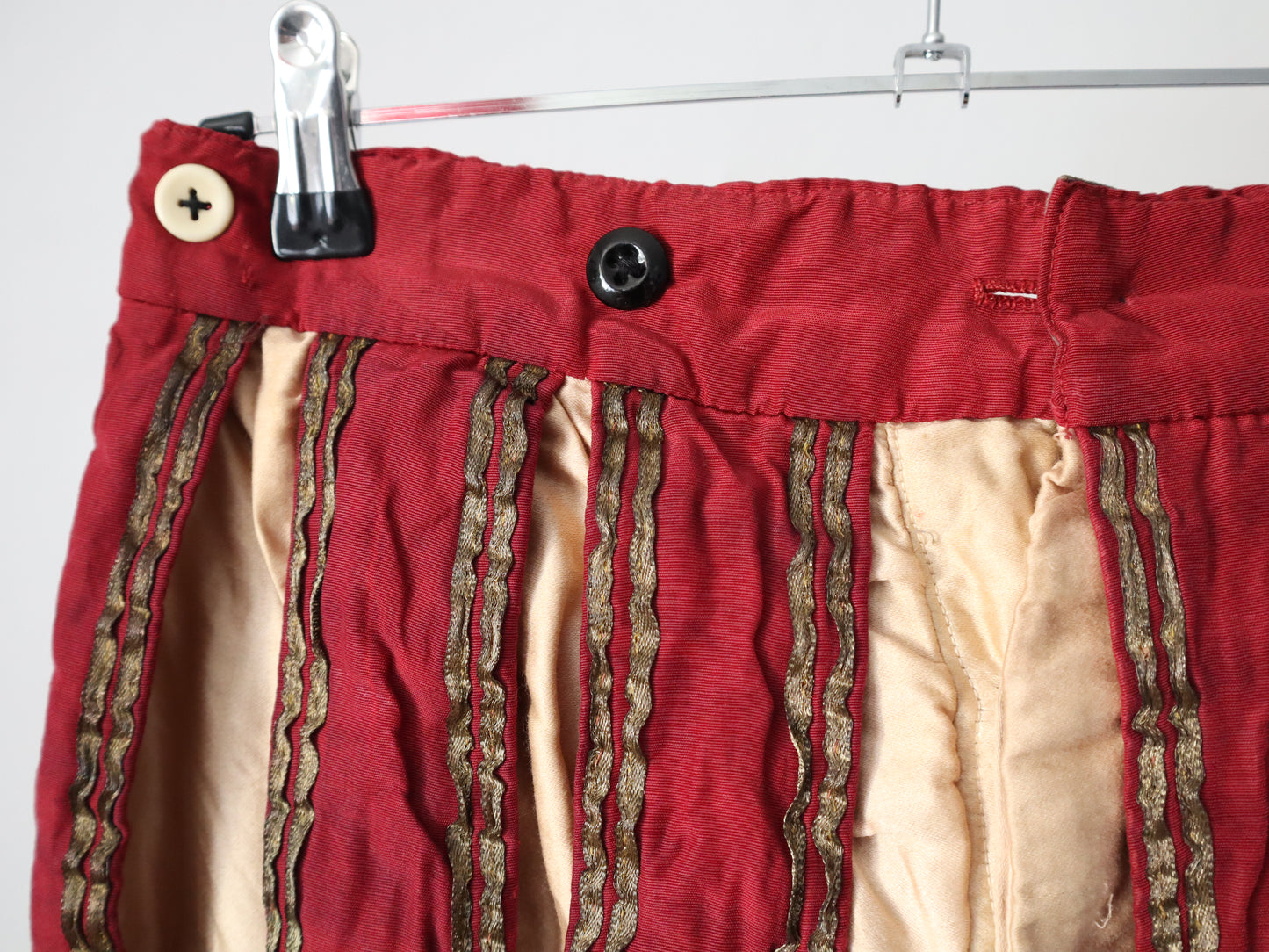 Antique French Renaissance style hose shorts, opera Theatre costume Magenta Silk Gold Metal Ribbon Trim Early 1900s