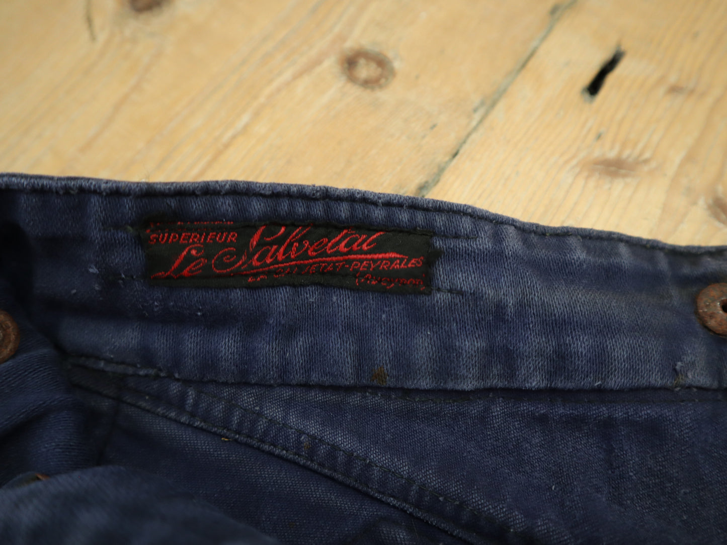 1950s French Le Salvetal Blue Moleskin Workwear Trousers Pants Repairs Darned Patched High Waist