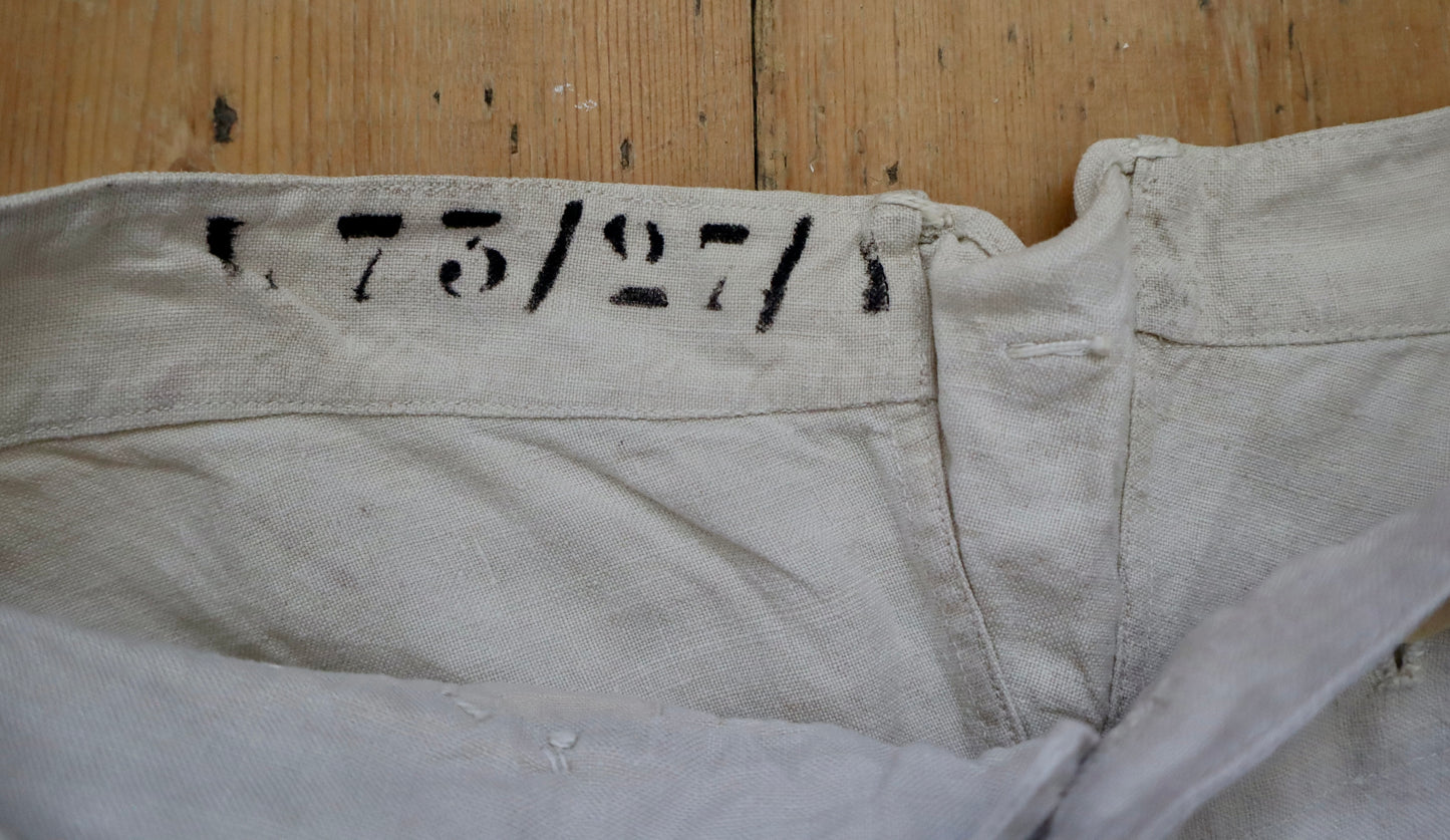 1920s French Linen Sailor Pants Trousers High Waist Bone Buttons Patina Paint