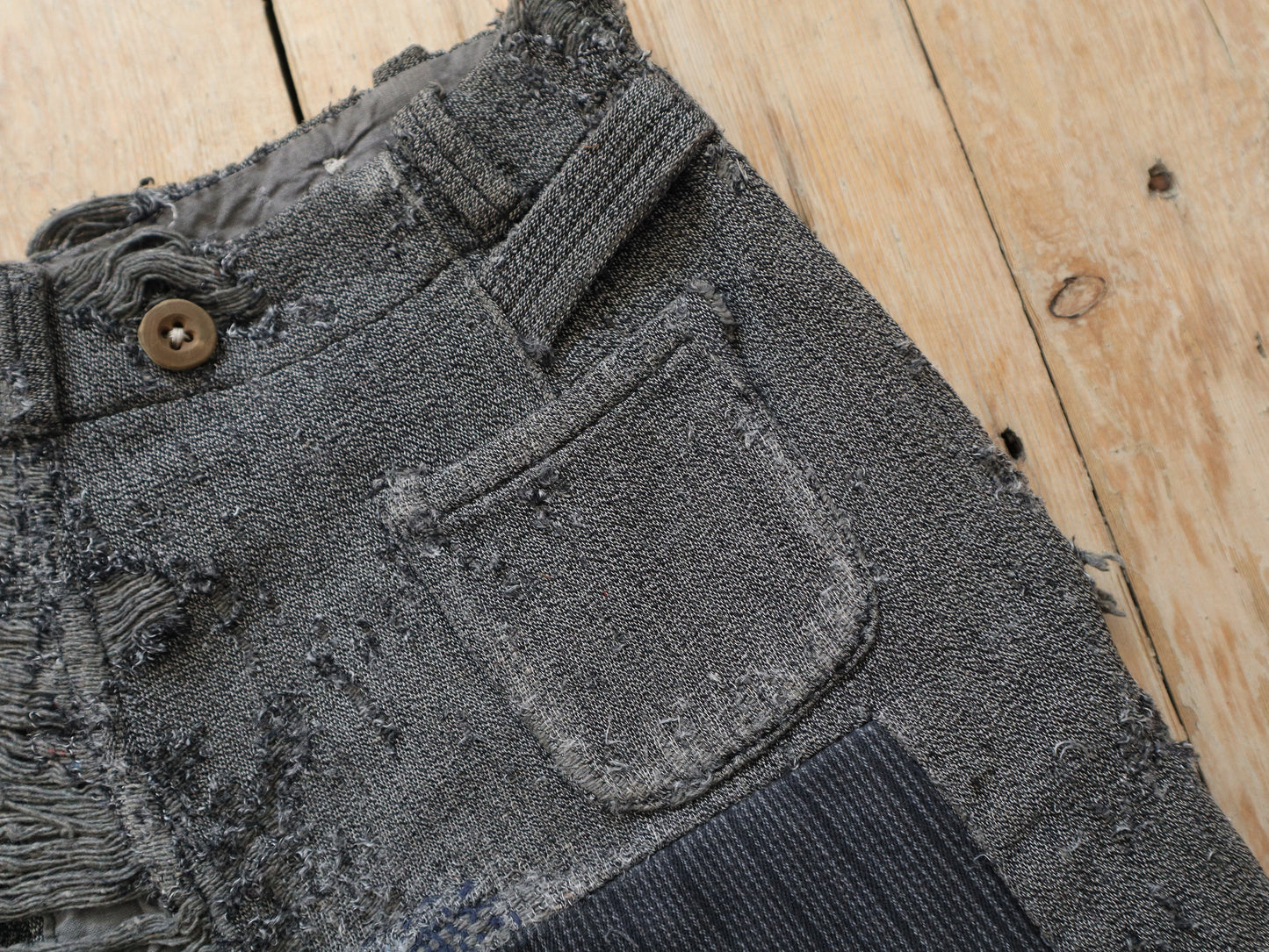 1930s 40s French Workwear Chore Cut Offs Shorts Pants Trousers Grey Salt Pepper Repaired Patched Ripped