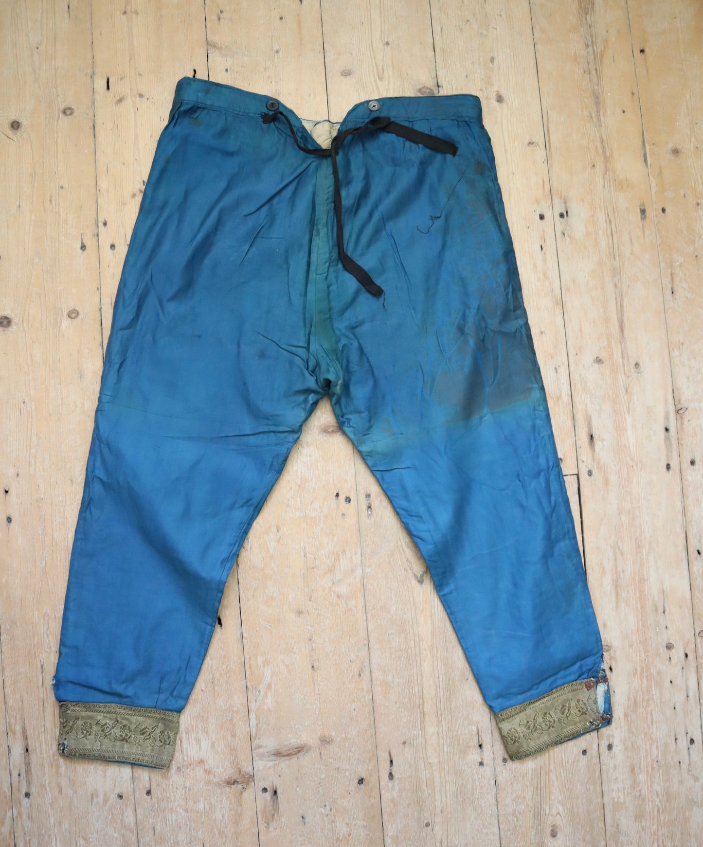 Antique early 1900s French Theatre Costume Trousers Pants Teal Blue Silk Cotton Gold Metal Ribbon Trim