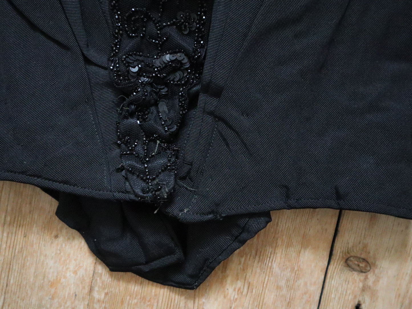 Antique 1900 French Black Silk Boned Bodice Grosgrain Beaded Sequins Chiffon