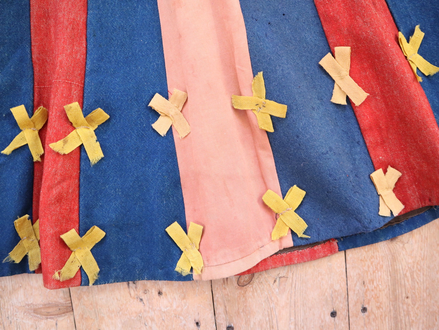 Antique French Theatre Costume Tunic Dress Renaissance Medieval Style Red Blue Stripes Yellow Bows Rare