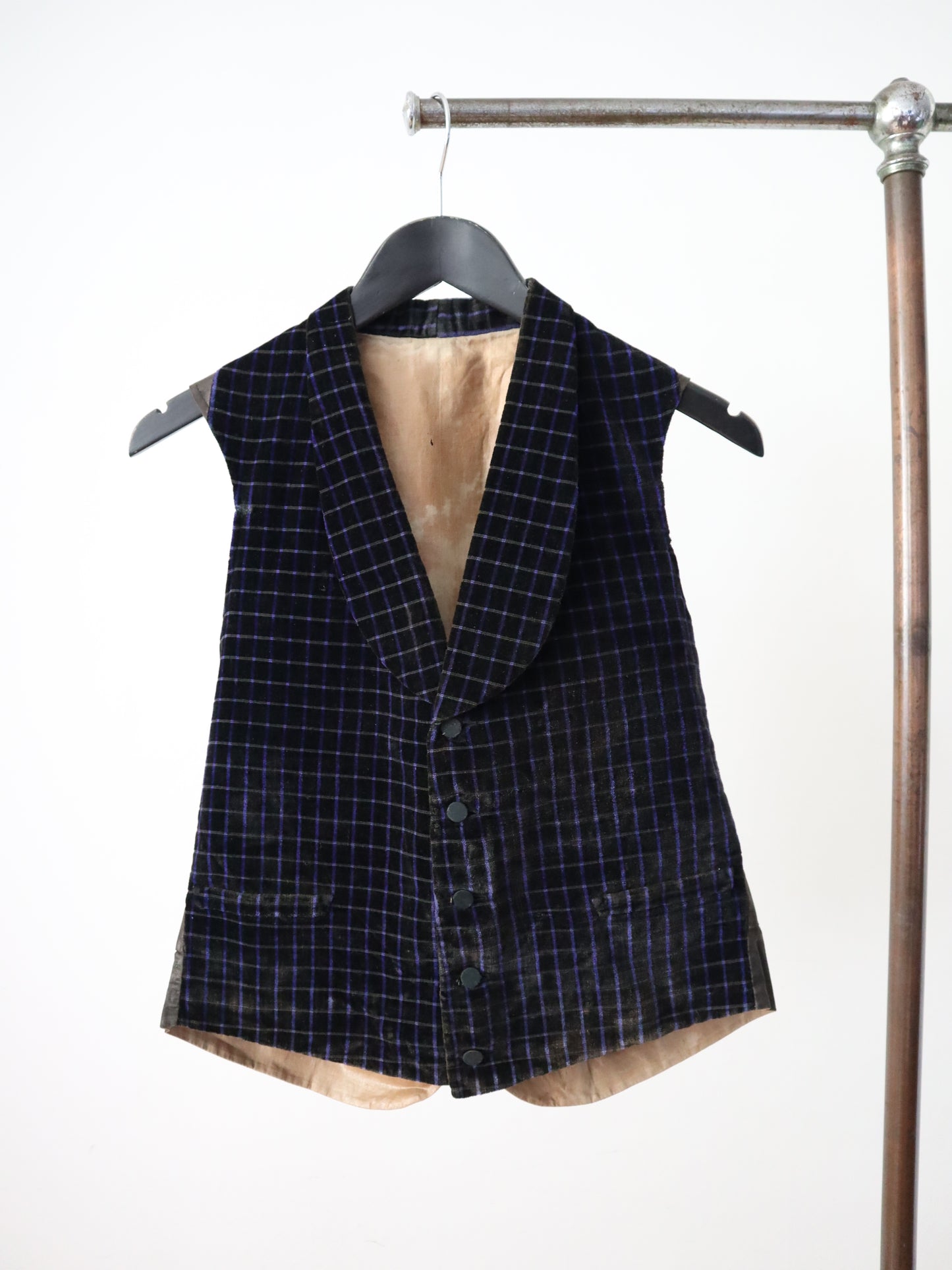 19th Century French Silk Velvet Waistcoat Blue Checked Glazed Back Antique